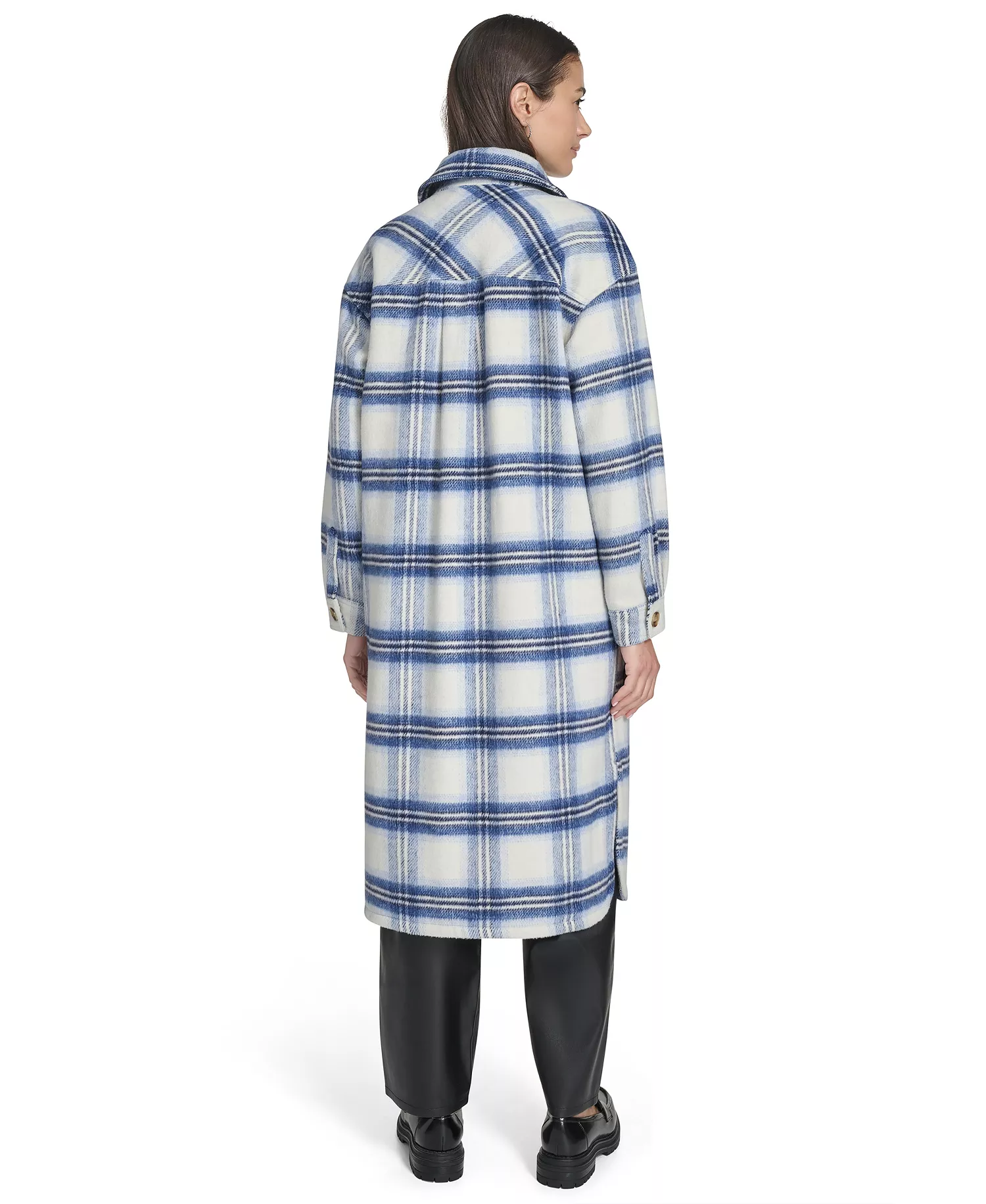 Women's Regular Long Wool Blend Plaid Coat - Blue/Cream - L