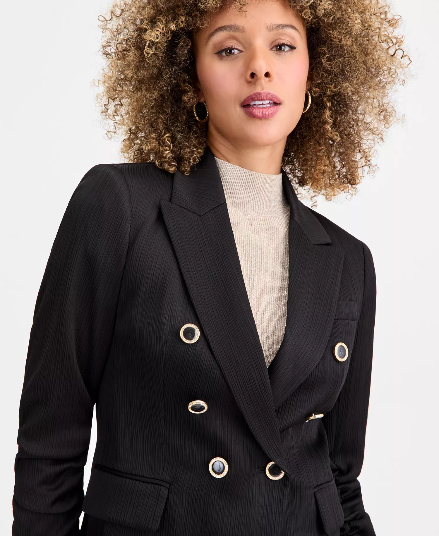 Petite Crinkle-Pleat Double-Breasted Blazer - Black - 10P