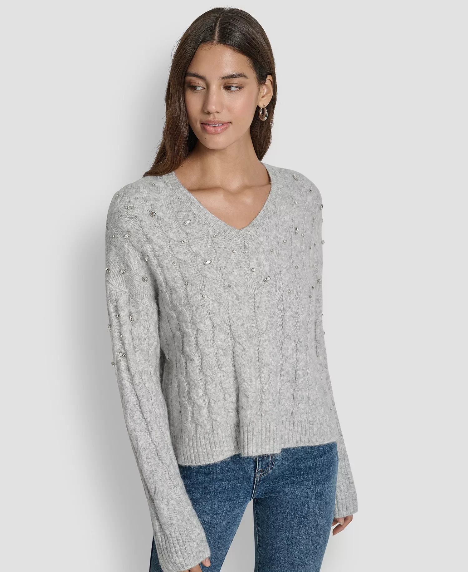 Women's Embellished Detail Long-Sleeve Sweater - Sky Grey Heather - L