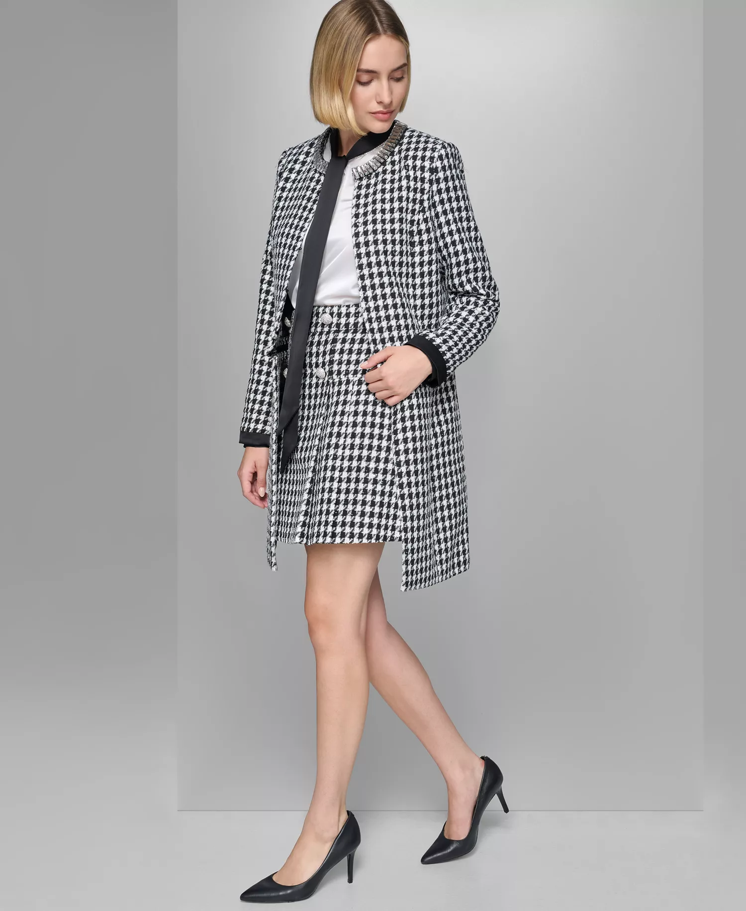 Women's Convertible Rhinestone-Collar Houndstooth Jacket - Black/Soft White - 10