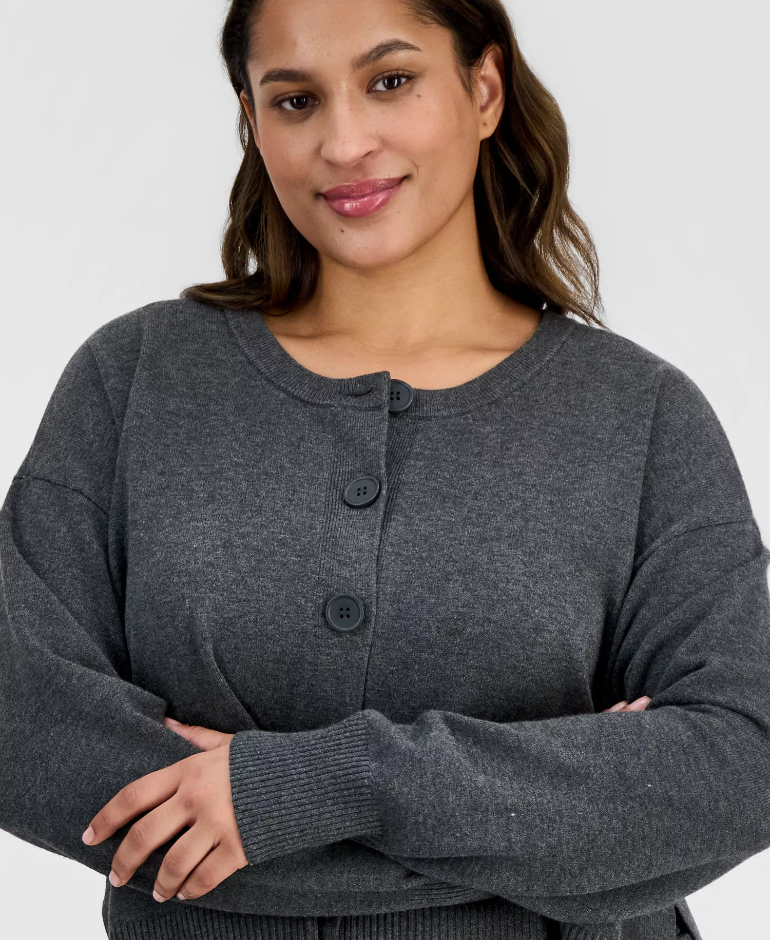 Trendy Plus Size Button-Front Long-Sleeve Cardigan, Macy's Exclusive  - City Grey - 1X