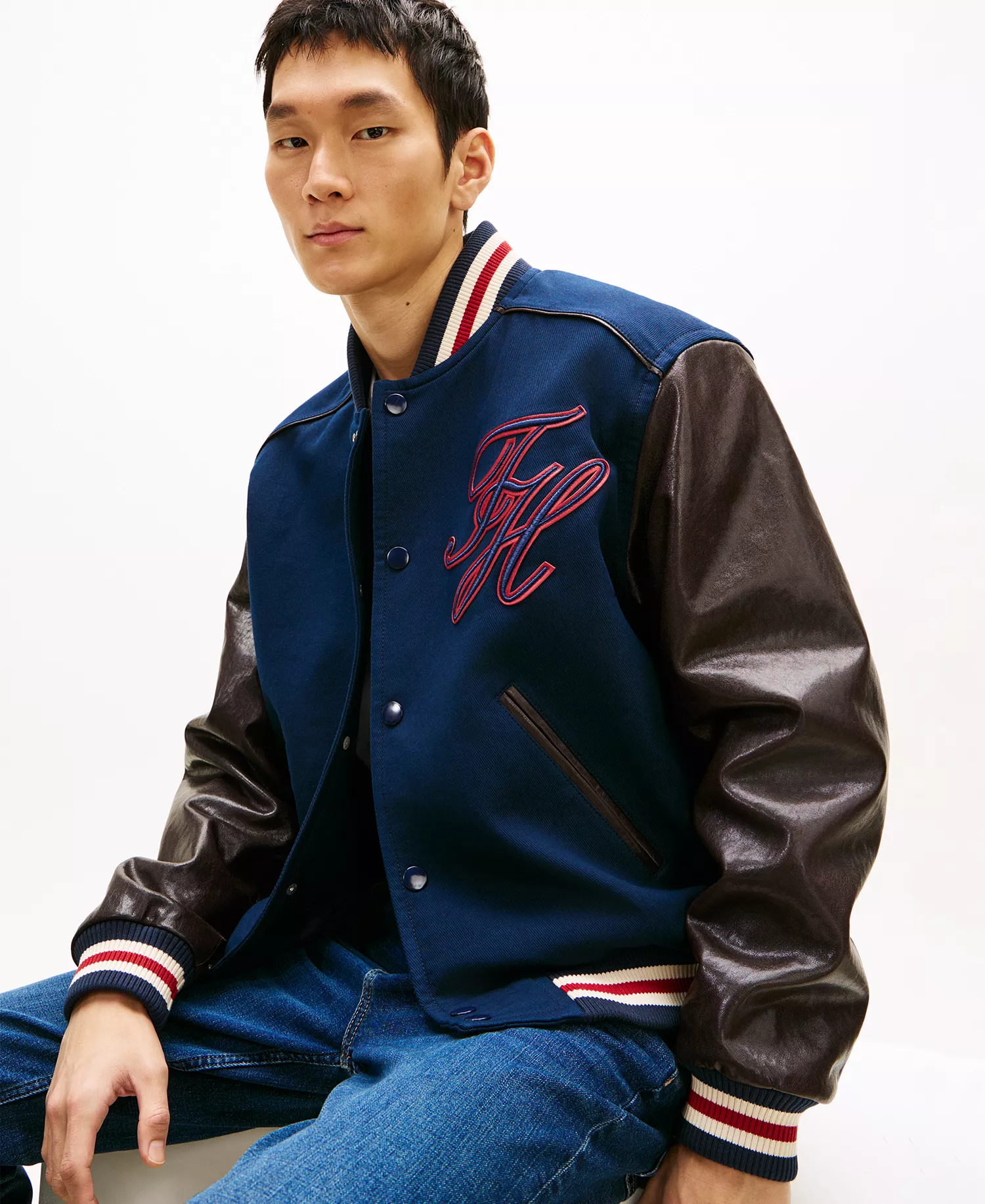 Men's Regular-Fit Leather Varsity Jacket - Carbon Navy - L