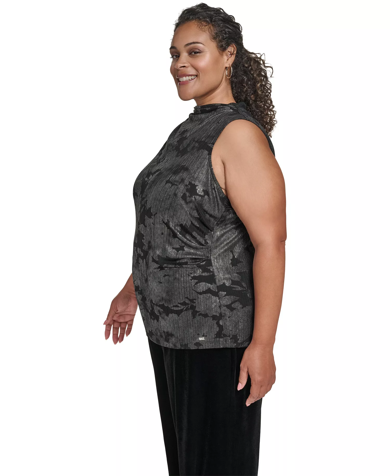 Plus Size Novelty Printed Ruched Top - Black/Silver - 1X