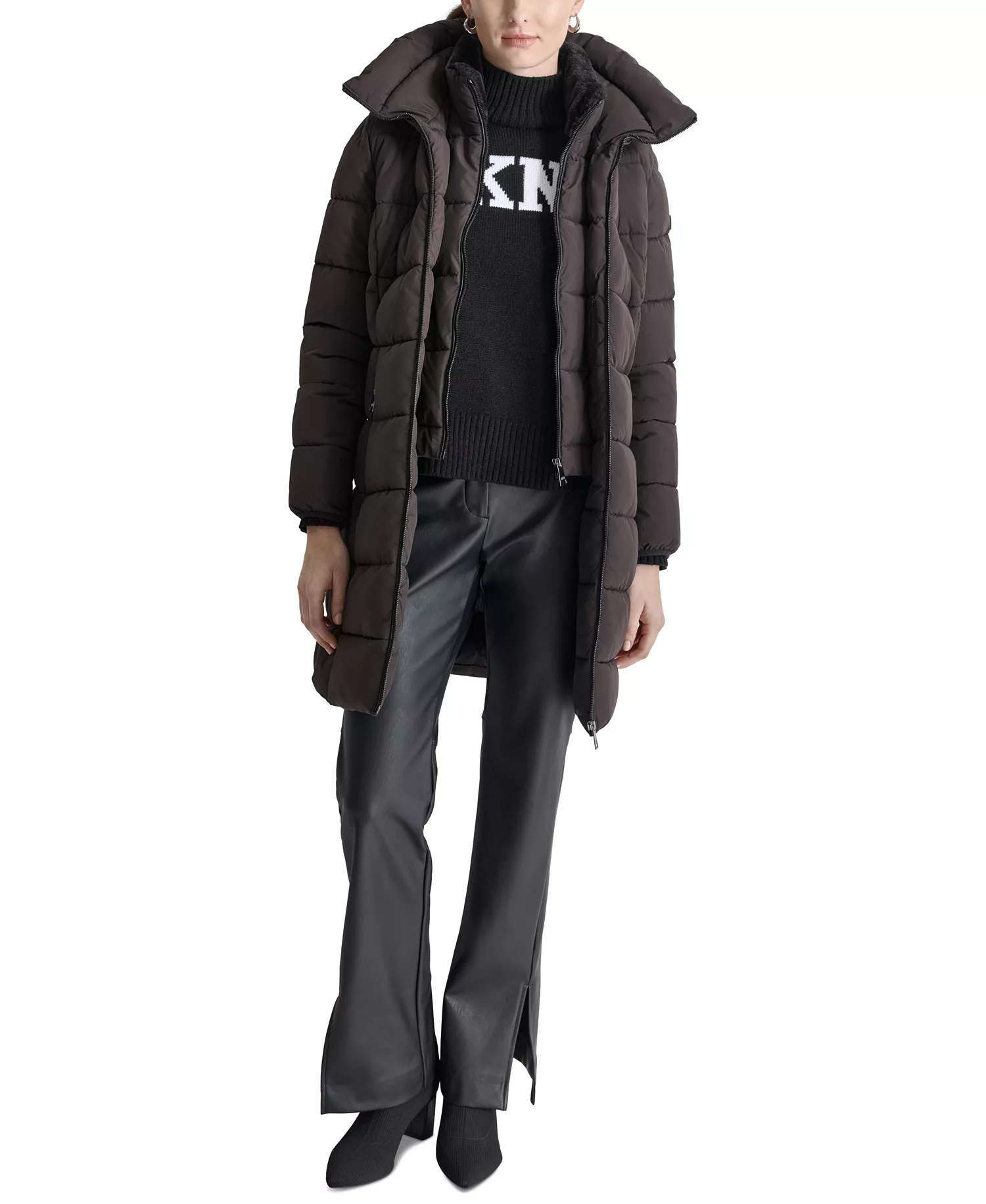 Women's Bibbed Hooded Zip-Front Puffer Coat - Bitter - M