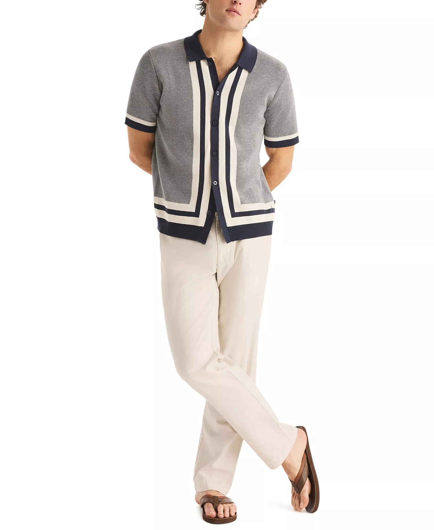 Men's Jacquard Short-Sleeve Sweater Shirt - Navy Seas - 2XL