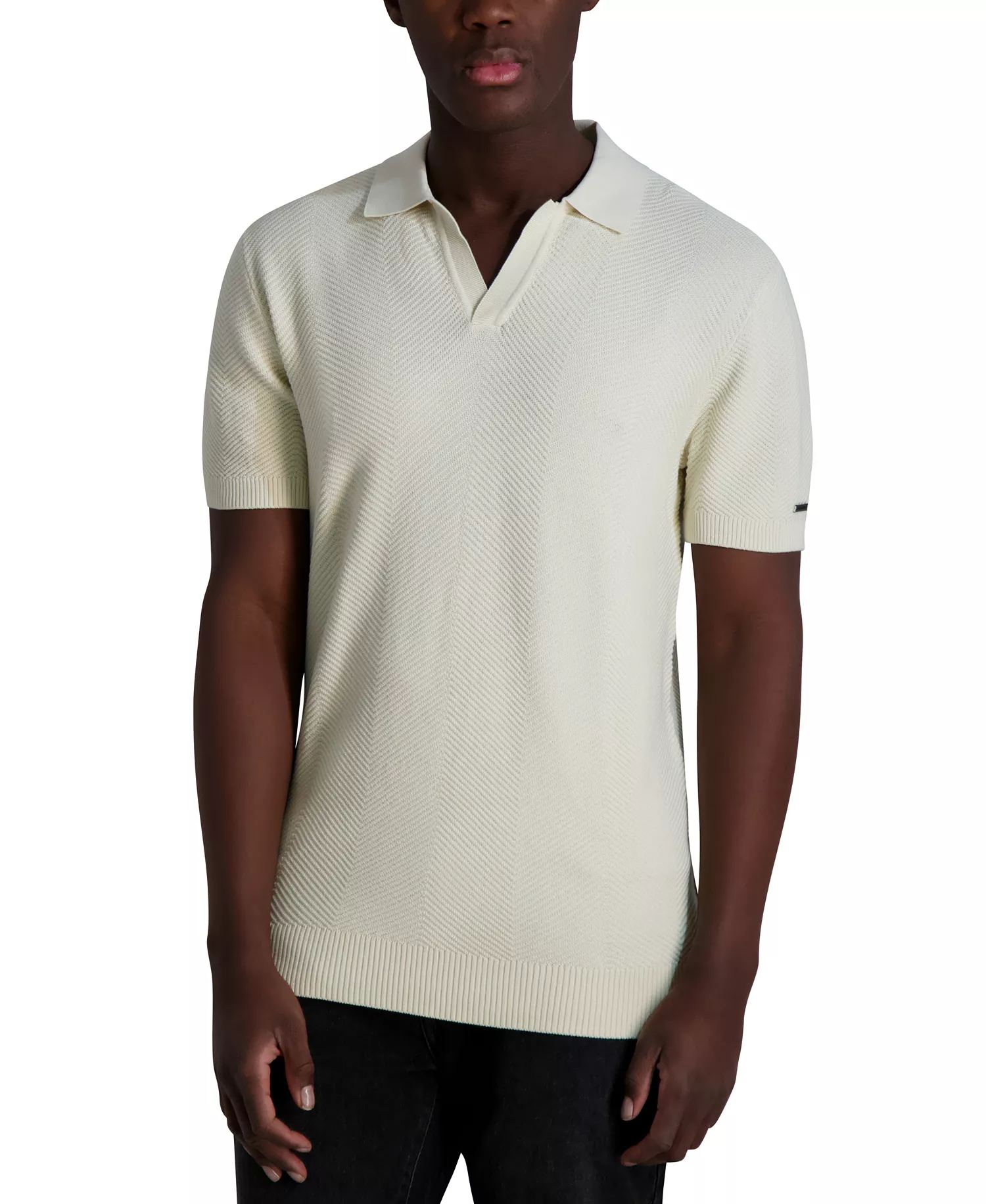 Men's Short Sleeve Textured Open Collar Polo Shirt - Natural - L