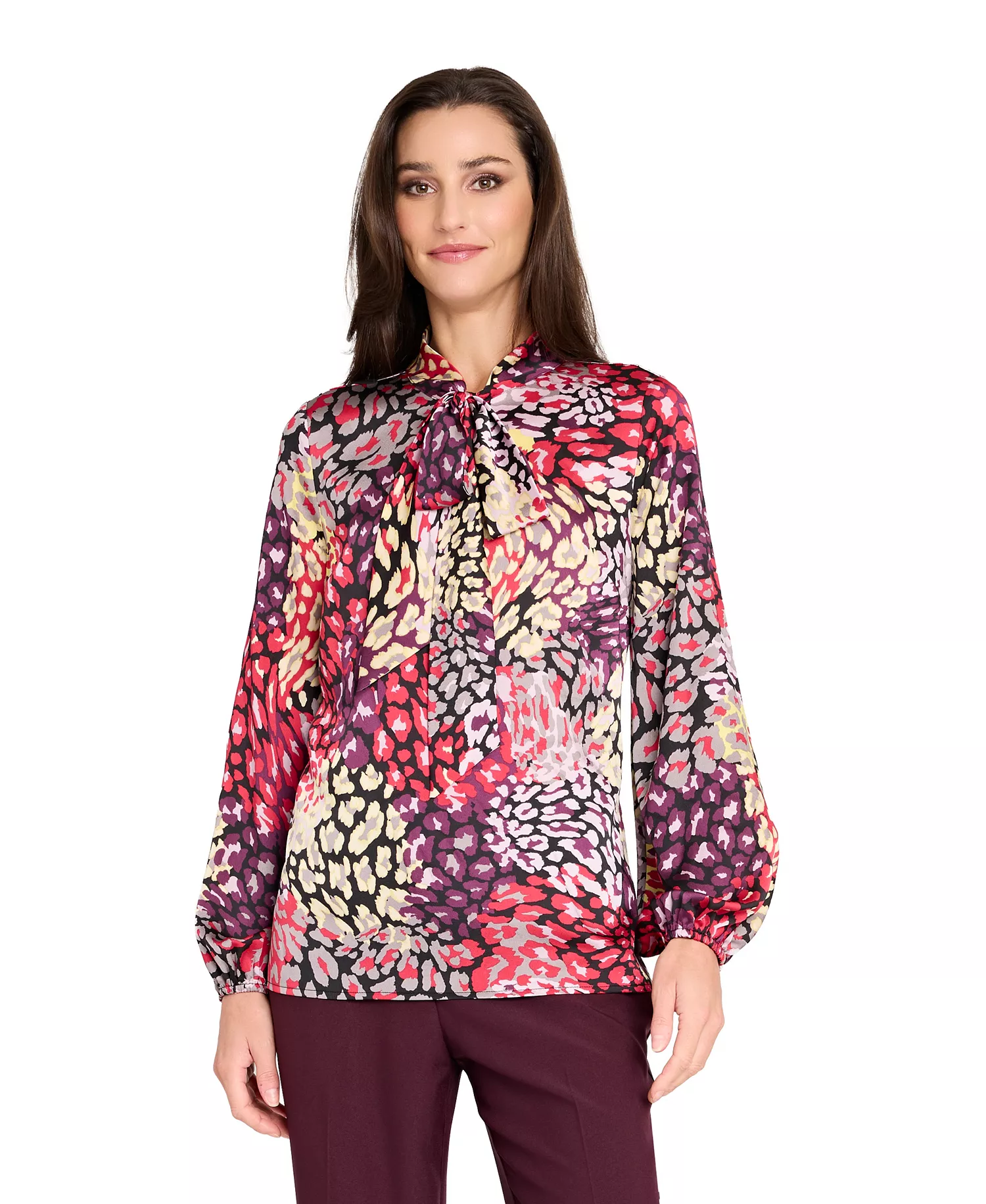 Women's Long Sleeve Bow Tie-Neck Blouse - Multi Leopard - XS