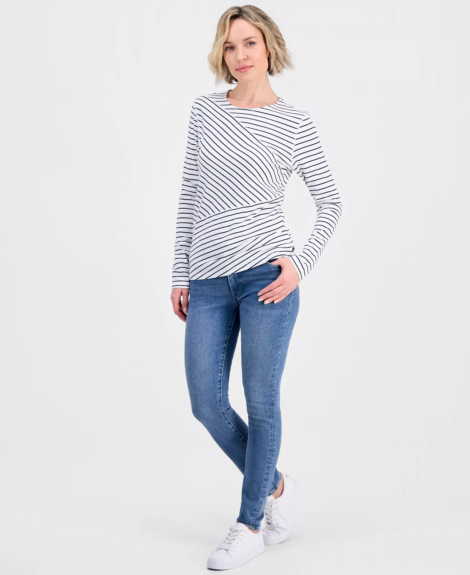 Women's Mixed-Stripe Long-Sleeve T-Shirt - Brght Wh/night Sky - L