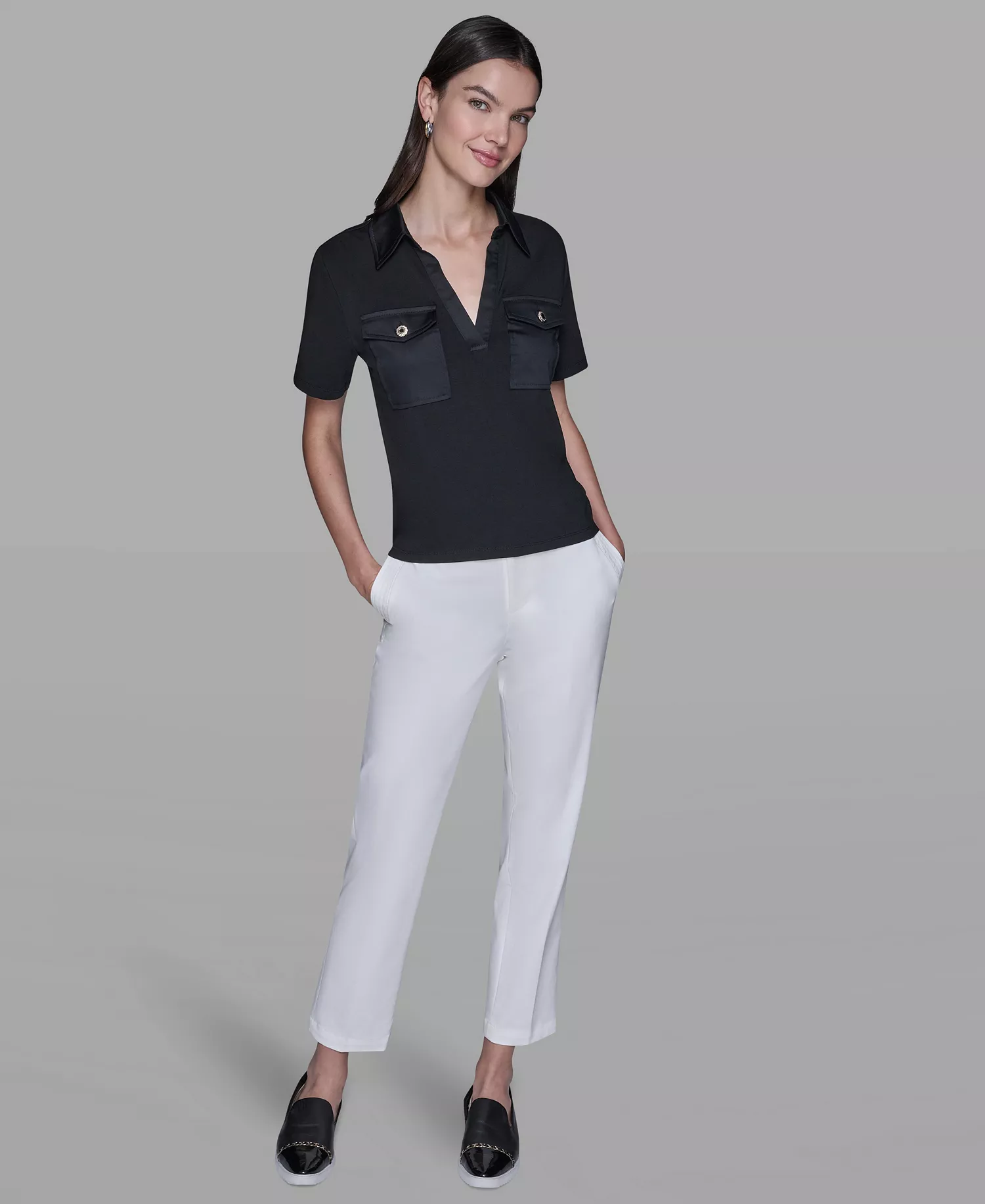Women's Short-Sleeve Collared Polo Top - Black - L