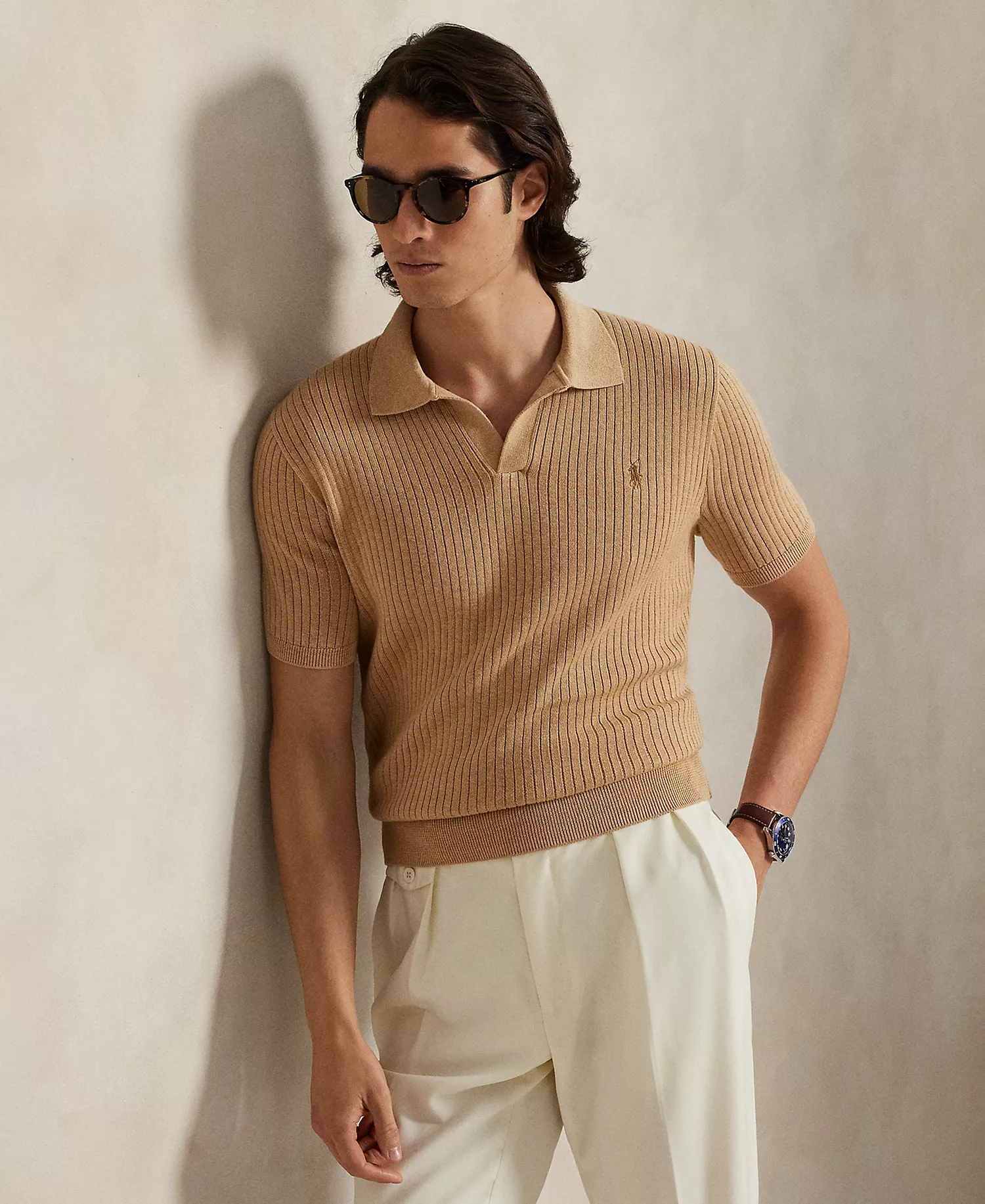 Men's Rib-Knit Cotton Johnny Collar Sweater - Camel Melange - 2XL