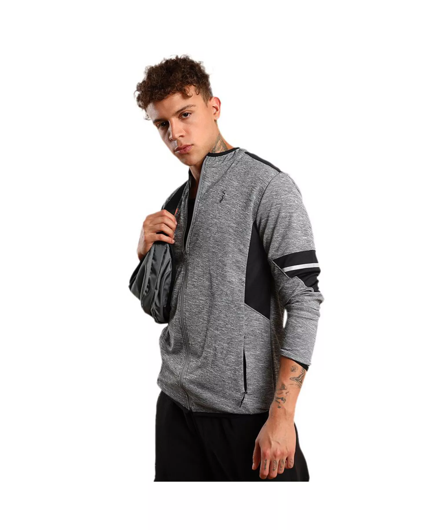 Men's Grey Heathered Activewear Jacket With Contrast Detail - Grey - L