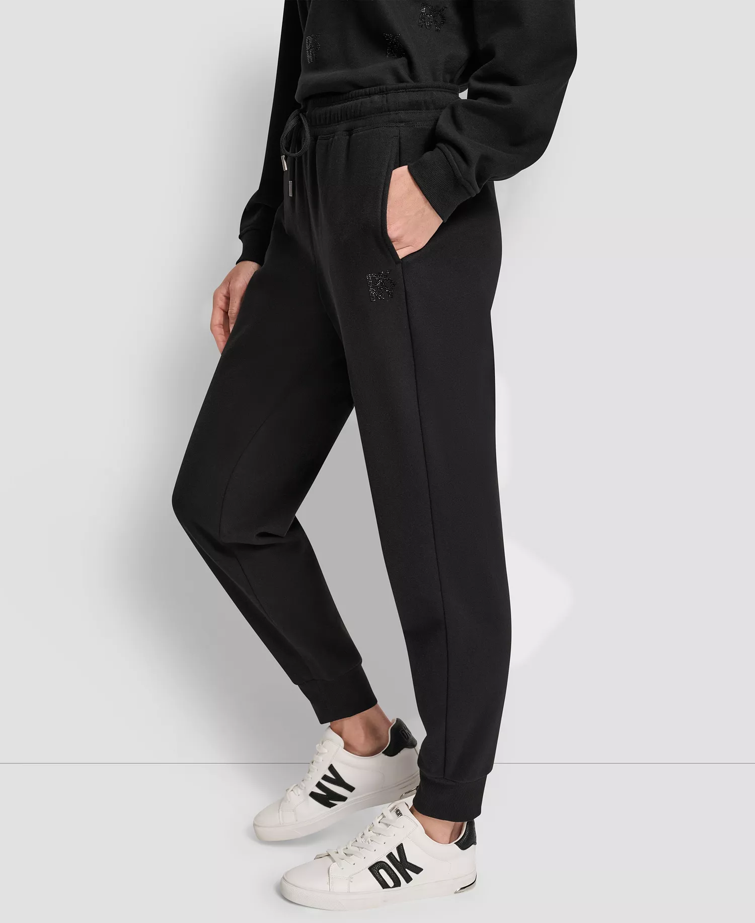 Women's Stacked Mini Rhinestone Logo Relaxed Cuff Jogger - Black/Black - L