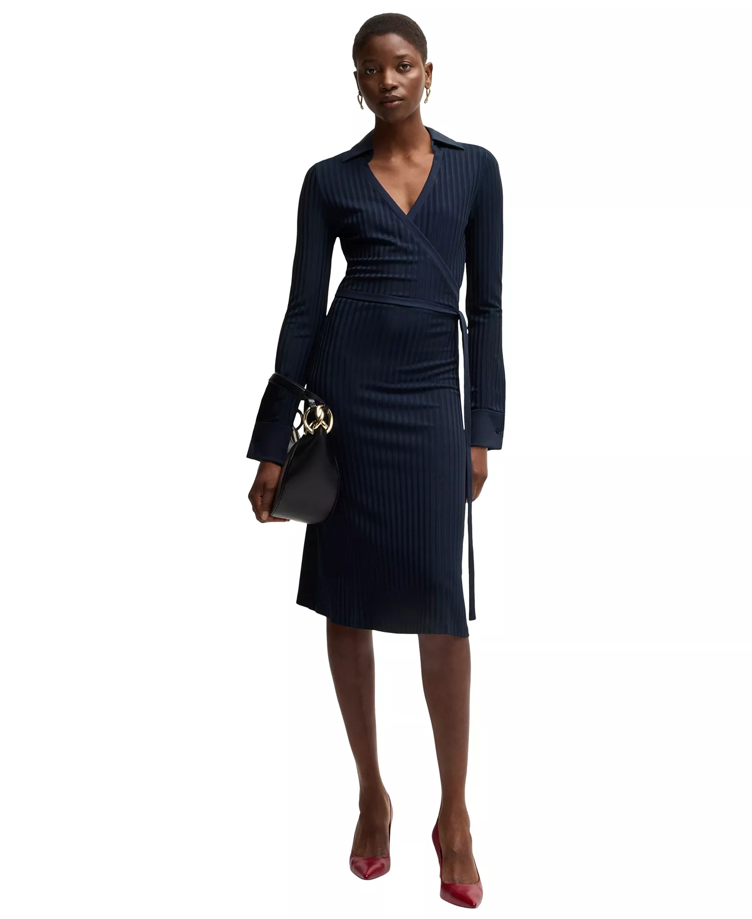 Women's Lustrous Ribbed Wrap Dress - Dark Blue - L