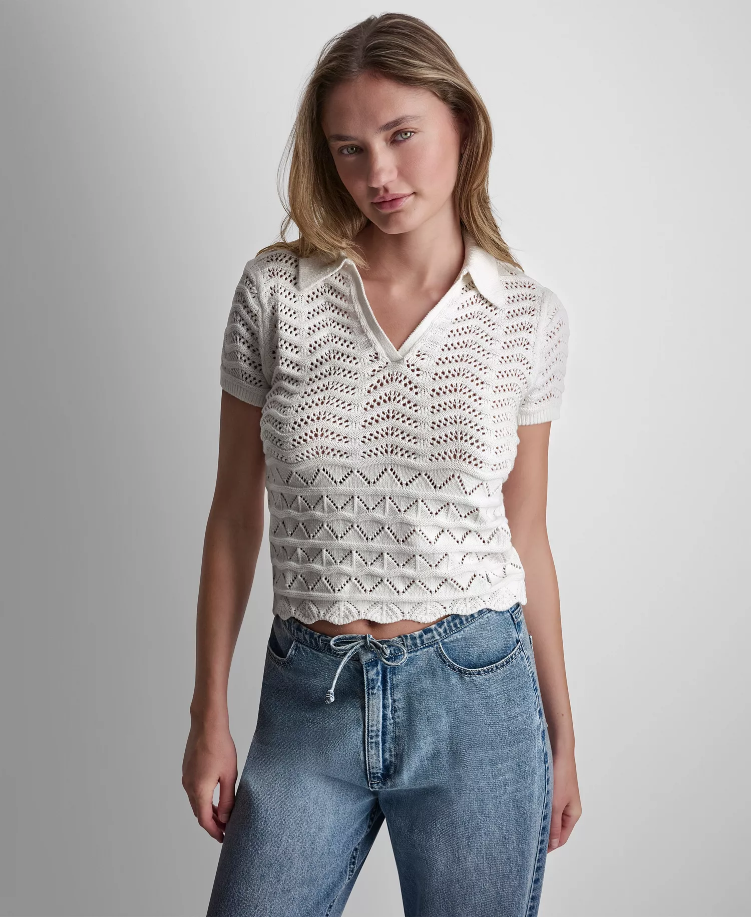 Petite Short-Sleeve V-Neck Polo Pointelle Sweater - Ivory - PL