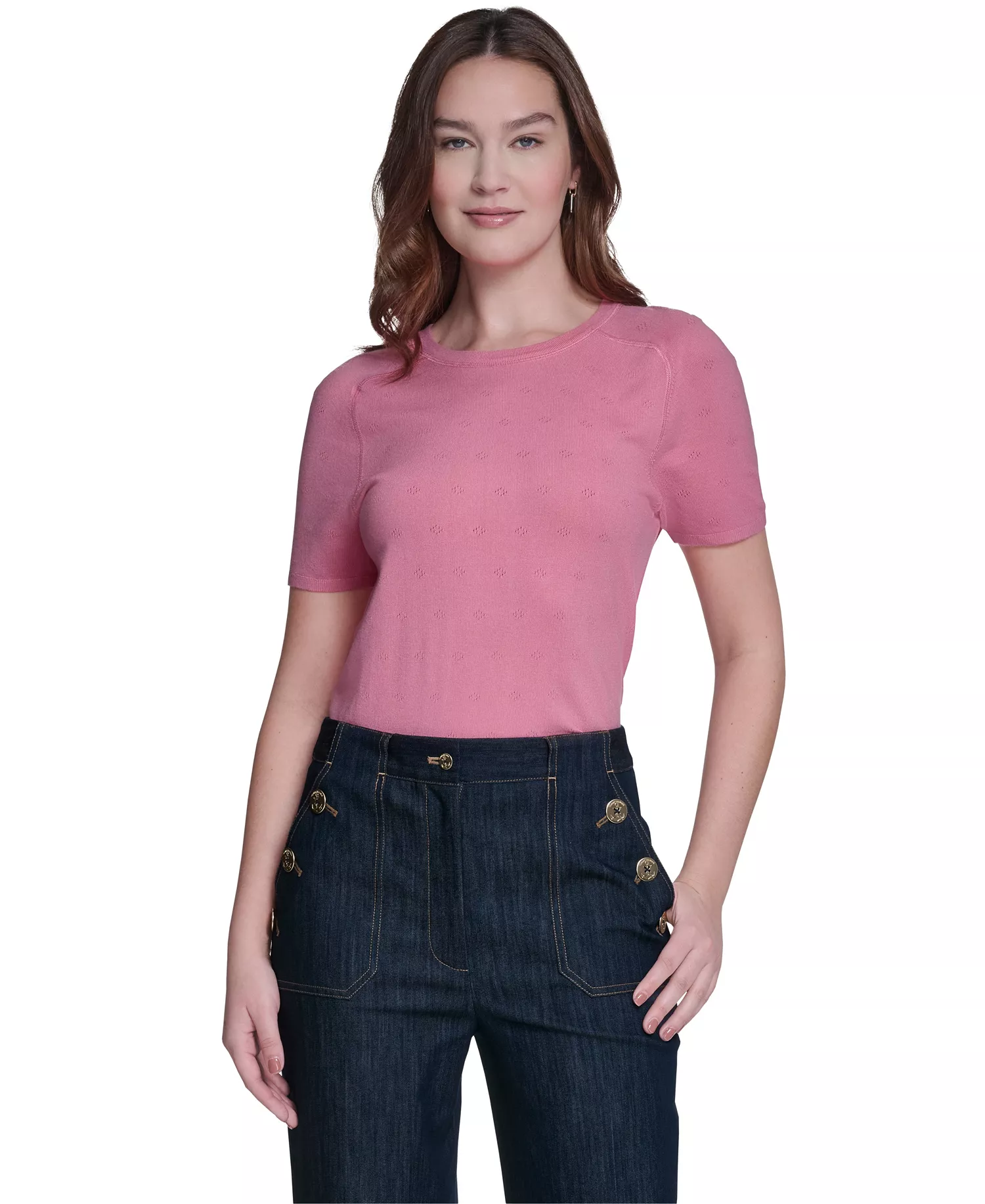 Women's Pointelle Short-Sleeve Sweater - Pink Tulip - L