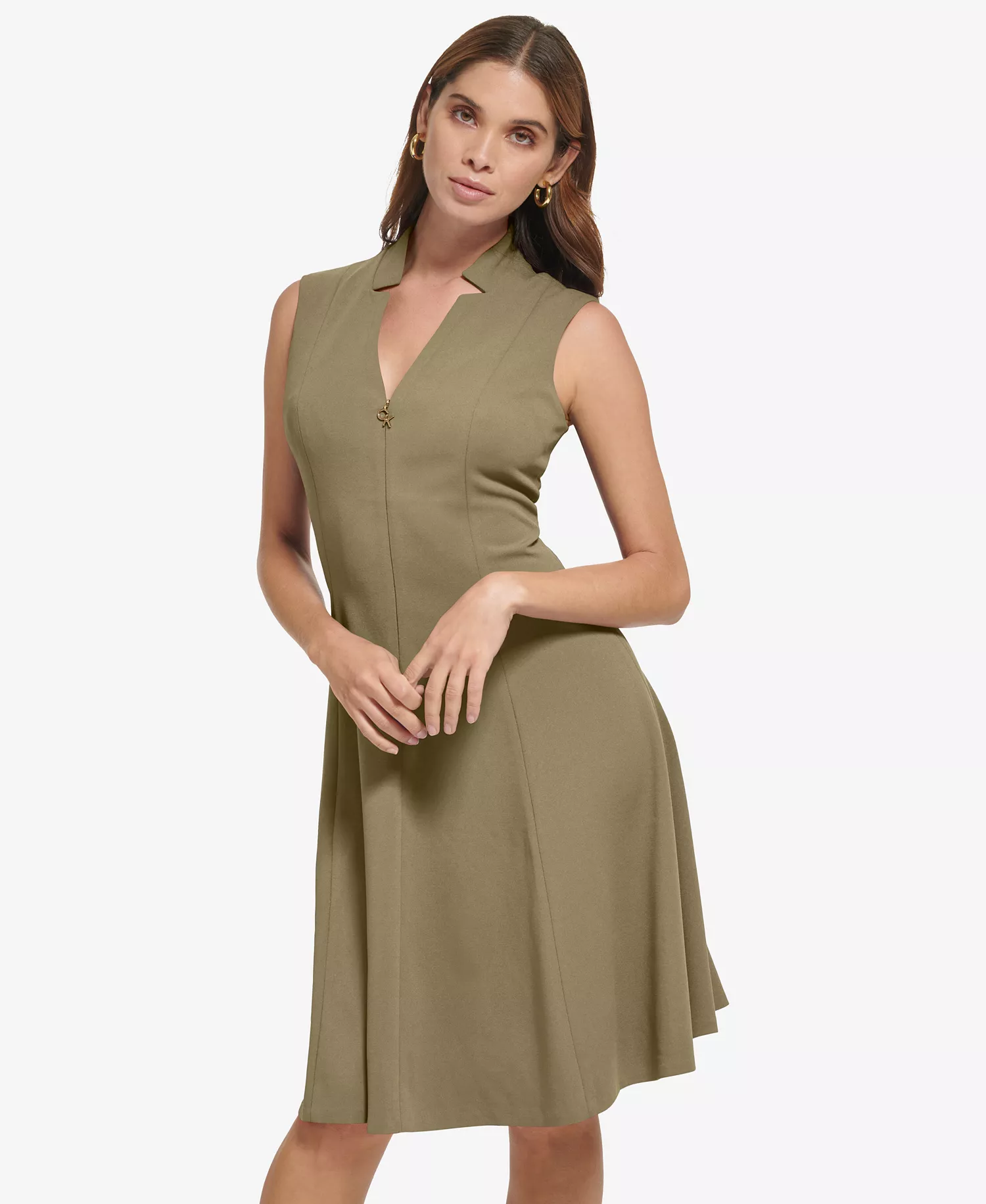Women's Collared V-Neck Knee-Length Dress - Lugguage - 10
