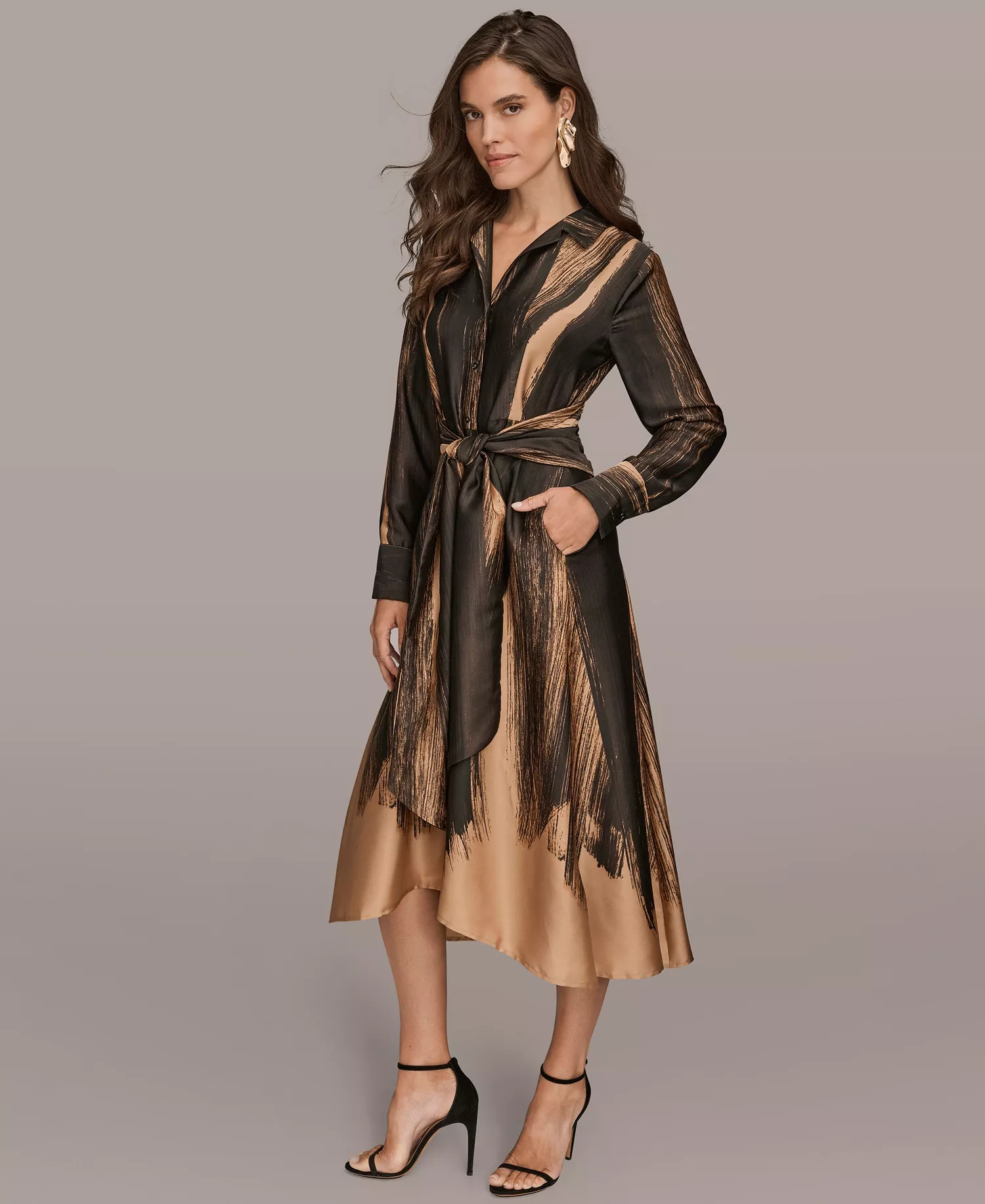 Women's Printed Long Sleeve Twist Waist Dress - Black/Fawn - XS