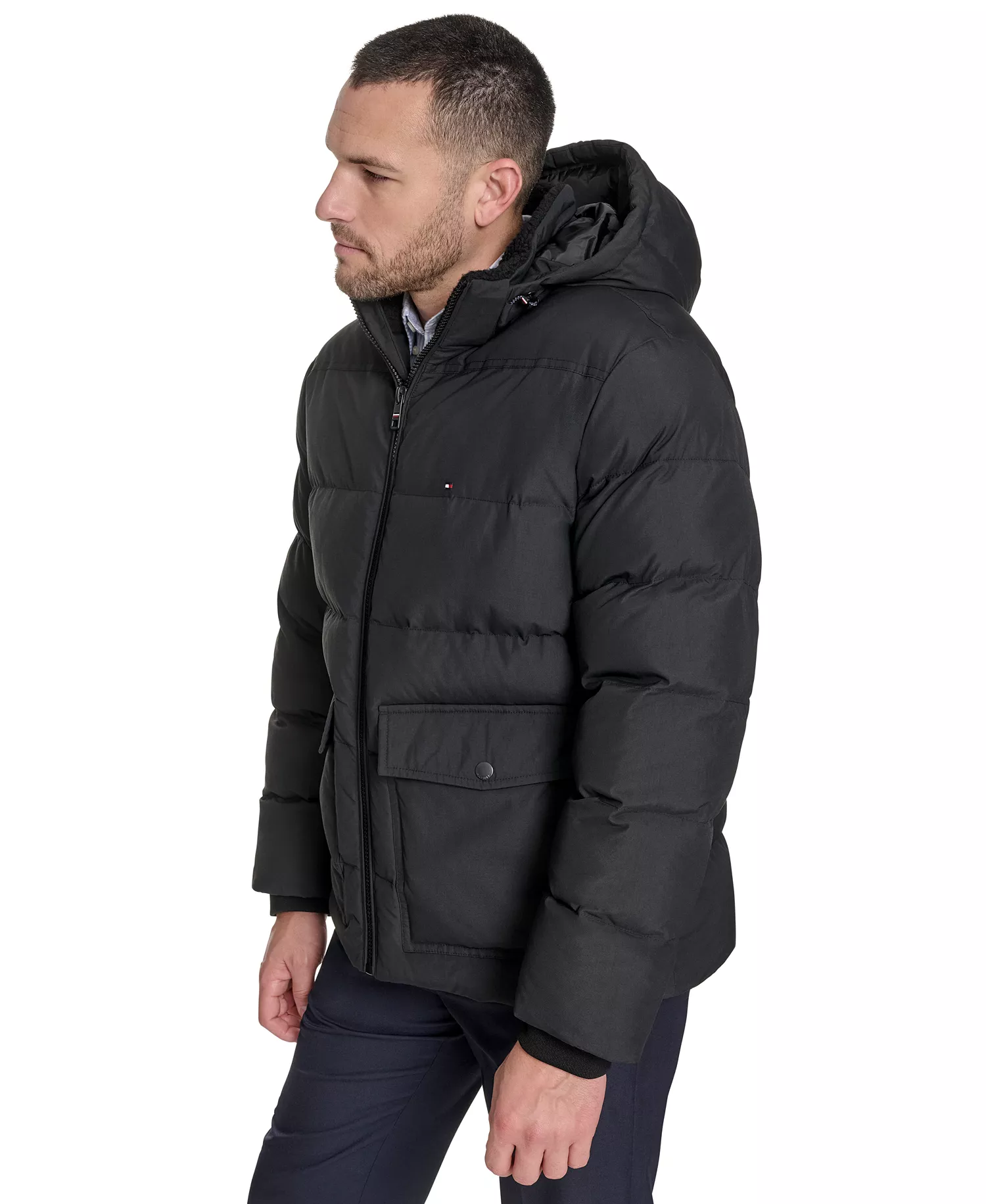 Men's Two Pocket Hooded Puffer Jacket - Black - 2XL