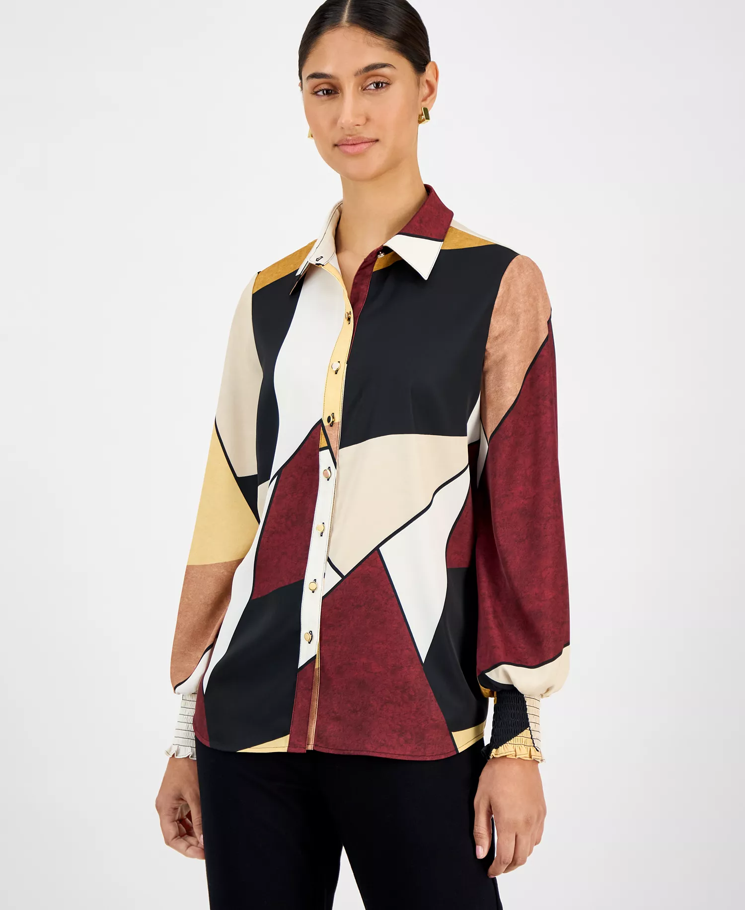 Women's Printed Blouson-Sleeve Shirt - Sueded Blocks - L