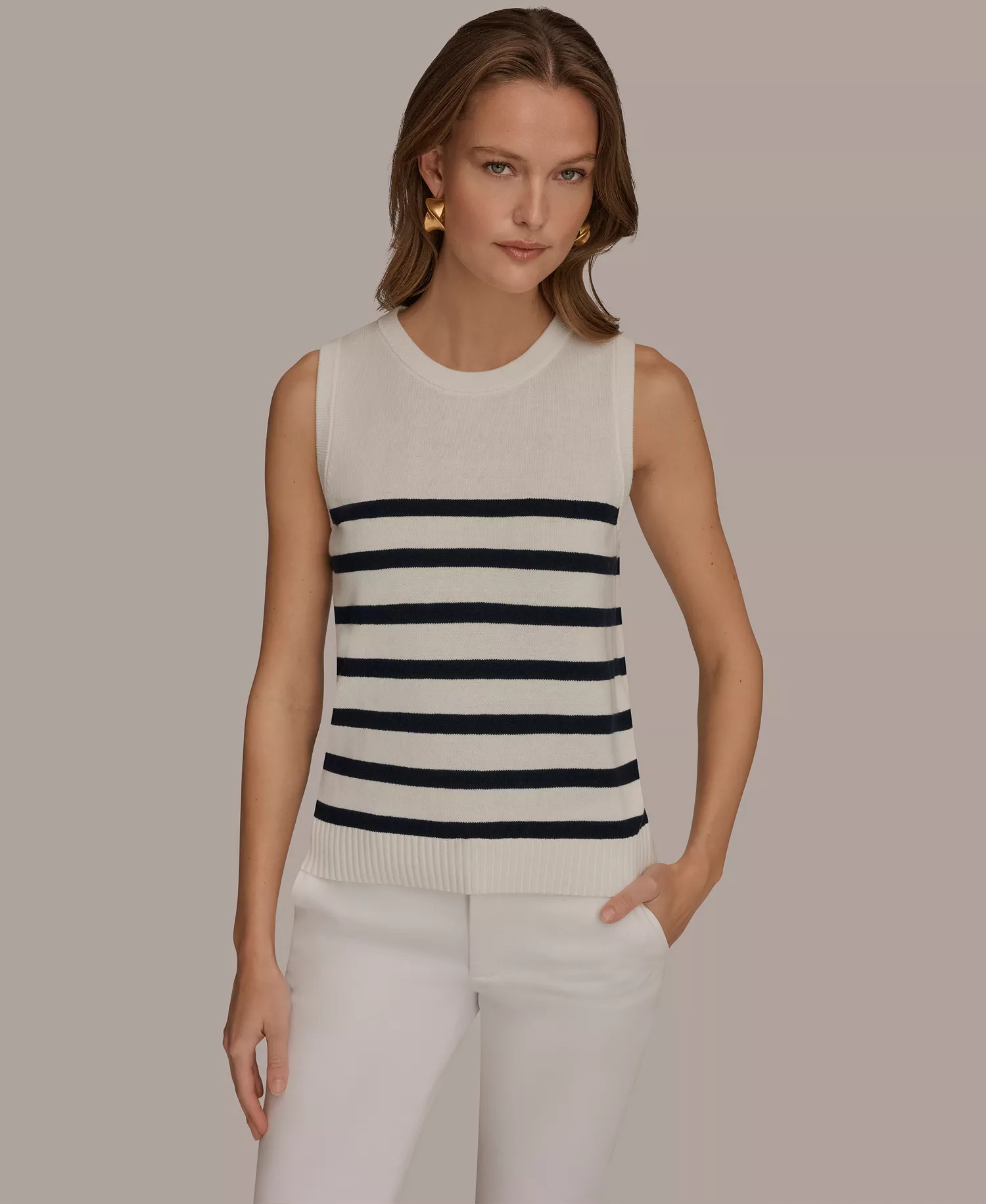 Women's Cotton Cashmere Striped Sleeveless Sweater - Cream/nightfall - L