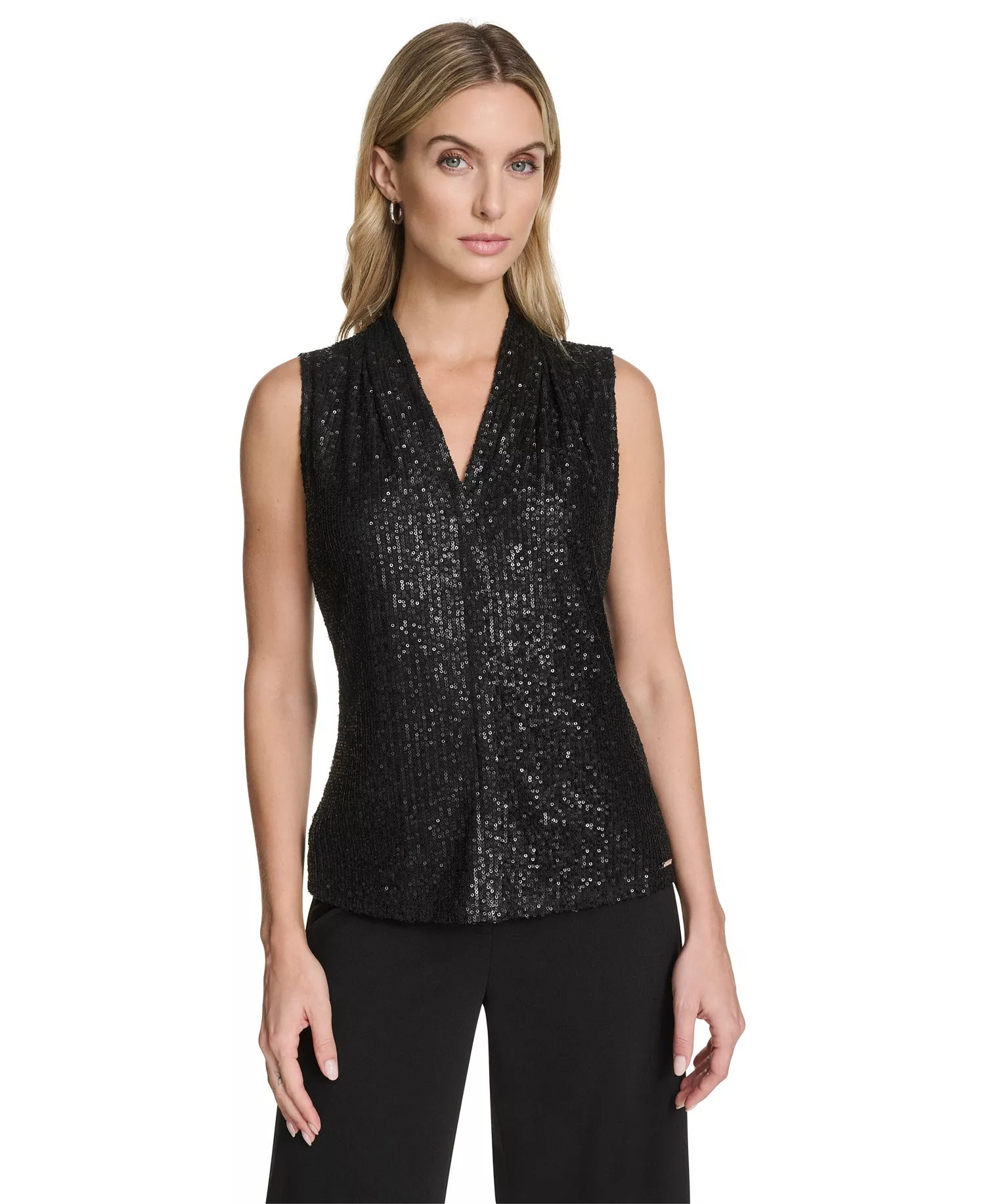 Women's Sequin Detail V-Neck Blouse - Black - L