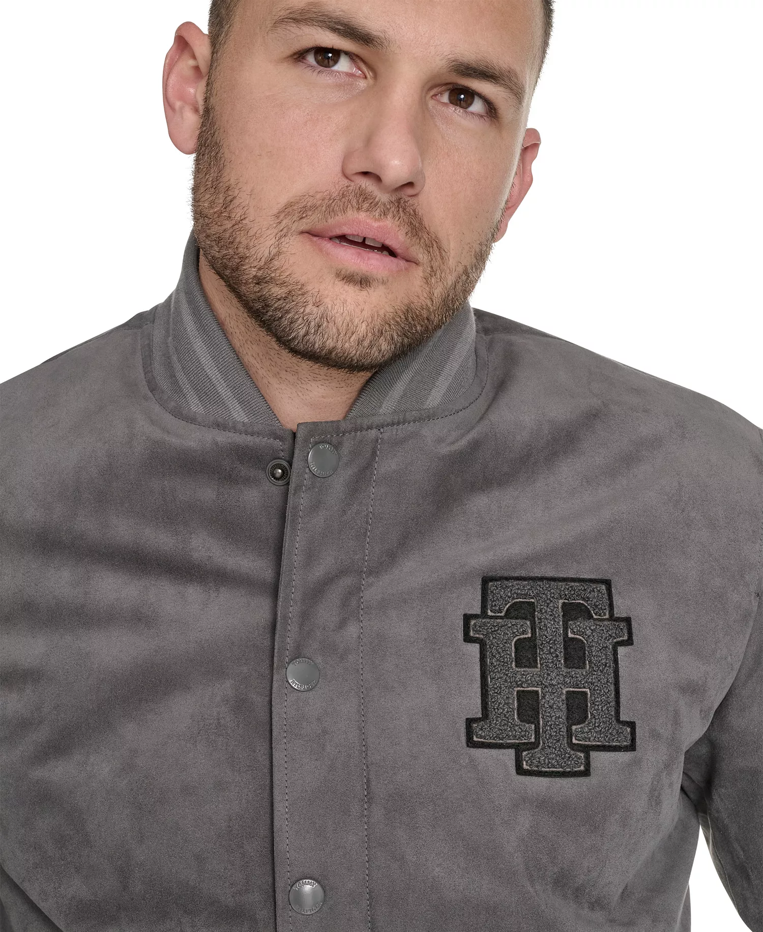 Men's Faux Suede Varsity Bomber with Patches - Gray - 2XL
