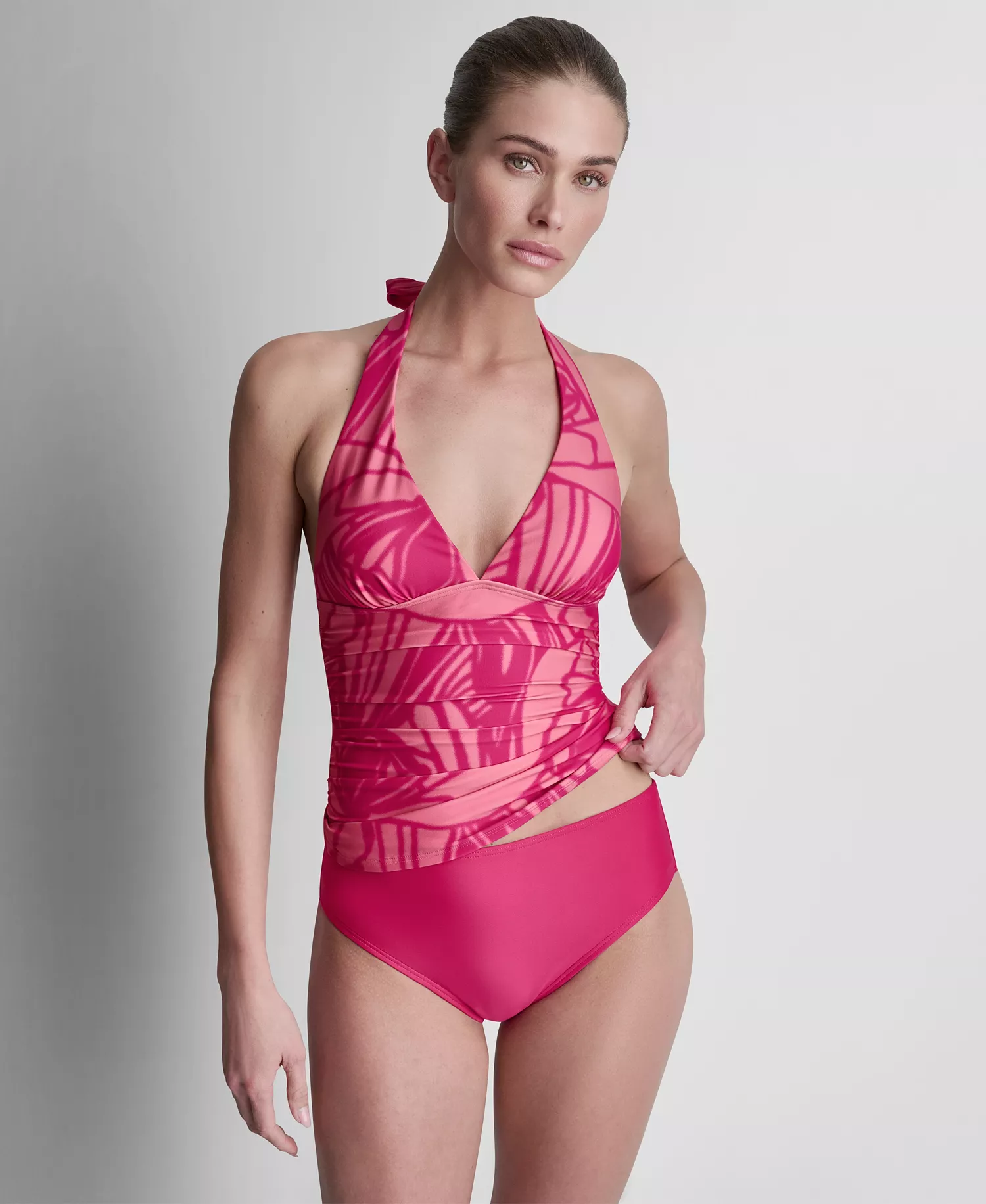 Women's Halter V-Neck Shirred Tankini Top - Black - L