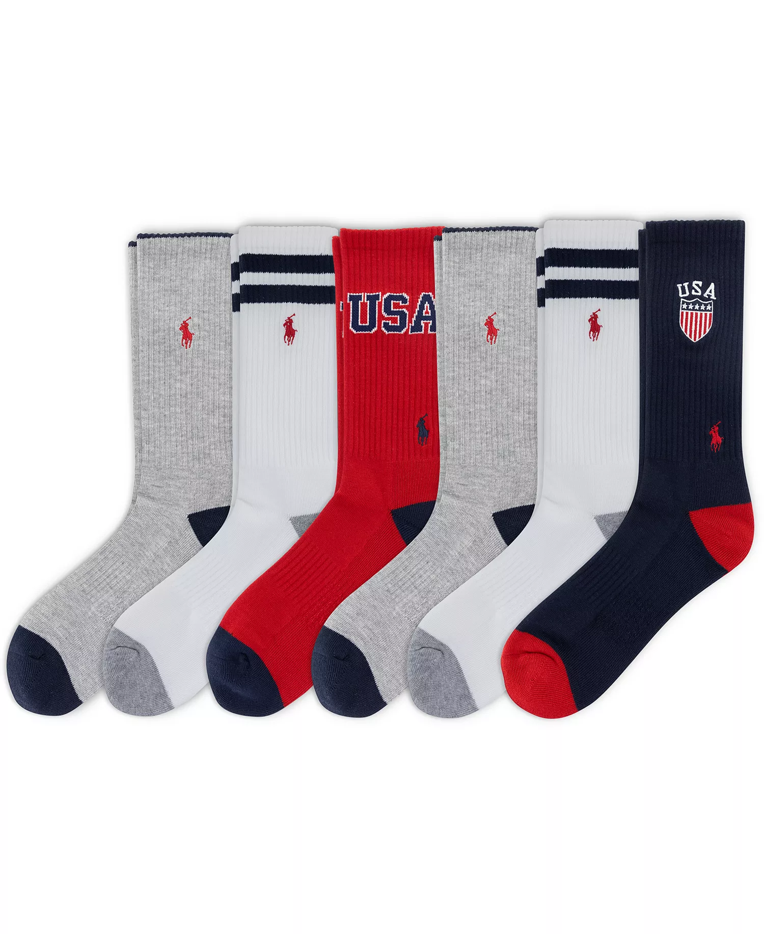 Men's USA Logo Crew Socks, 6-Pack - Gray/White/Red/Navy - 10-13