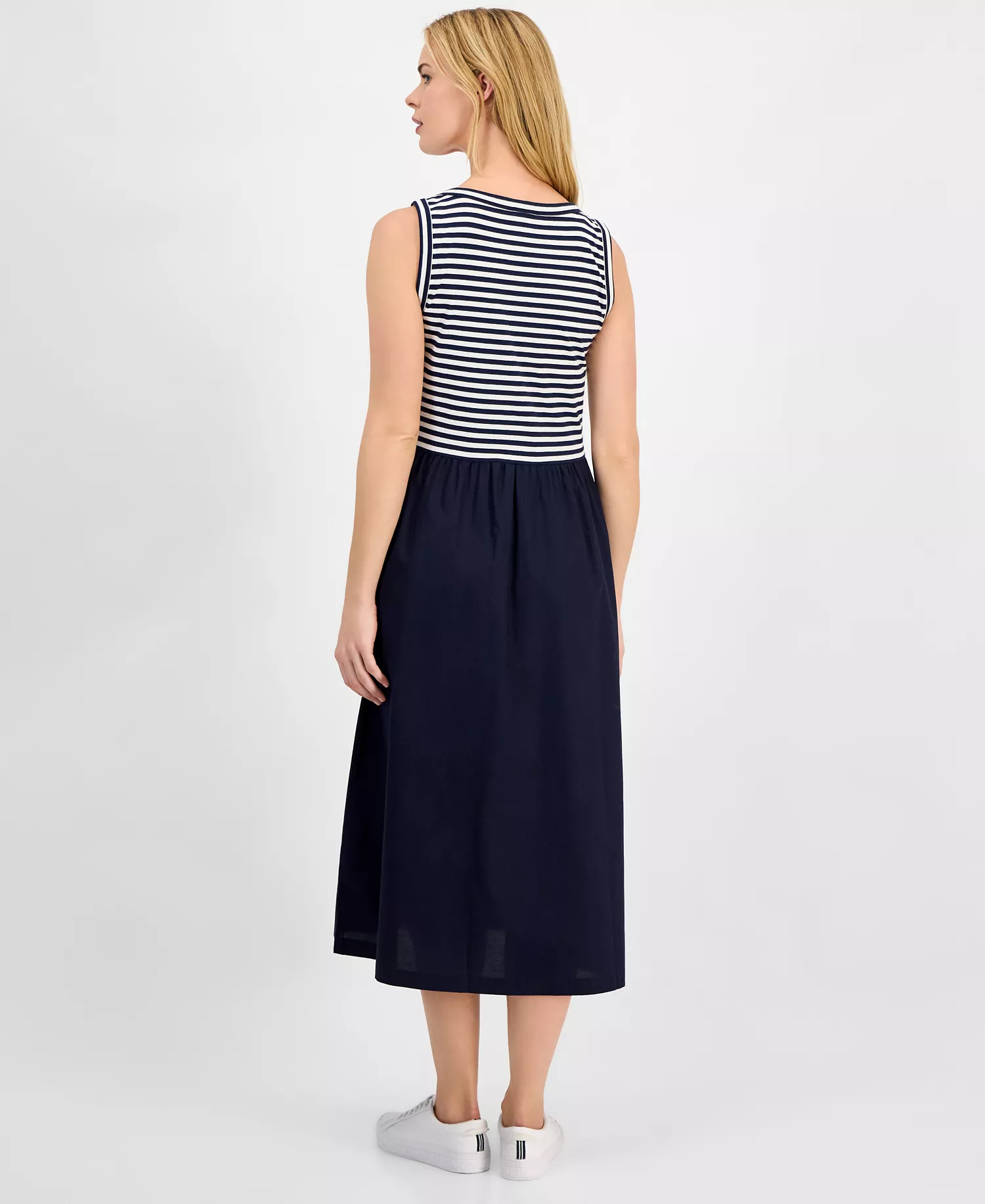 Women's Striped Mixed Media Dress - Night Sky/ Bright White - L