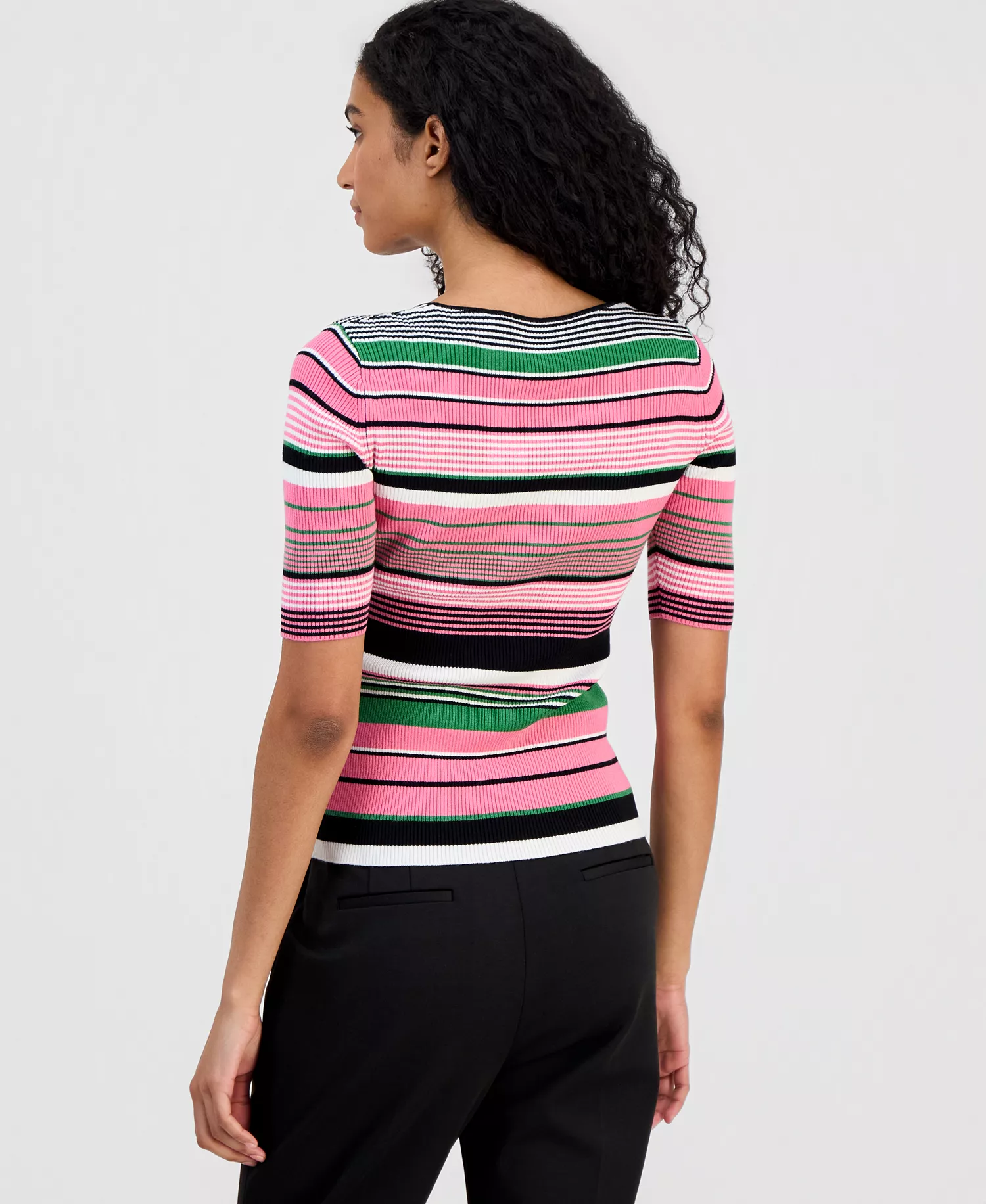 Women's V-Neck Elbow-Sleeve Top - Parisian Pink Stripe - L