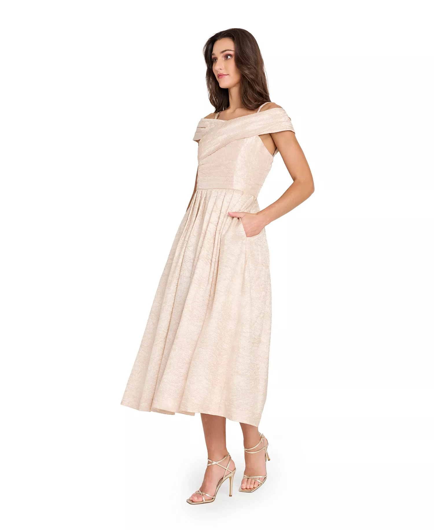 Women's Crushed Taffeta Off-The-Shoulder Midi Dress - CHAMPAGNE - 10