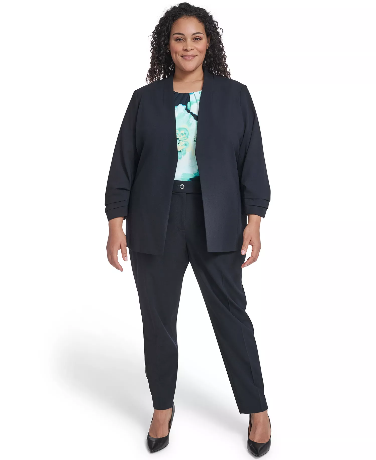 Plus Size Collarless One Button Jacket - Navy - 14W