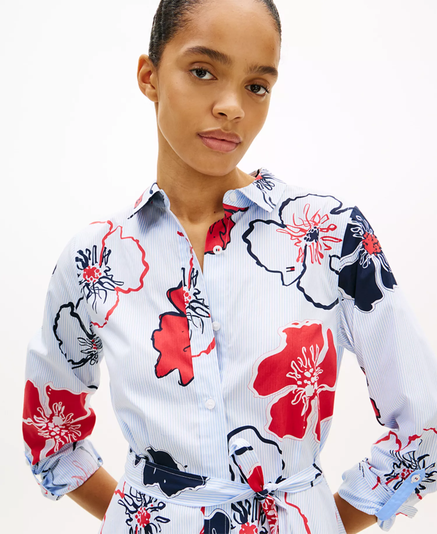 Women's Classic Poplin Long-Sleeve Shirt Dress - Ithaca Poppy Print - L