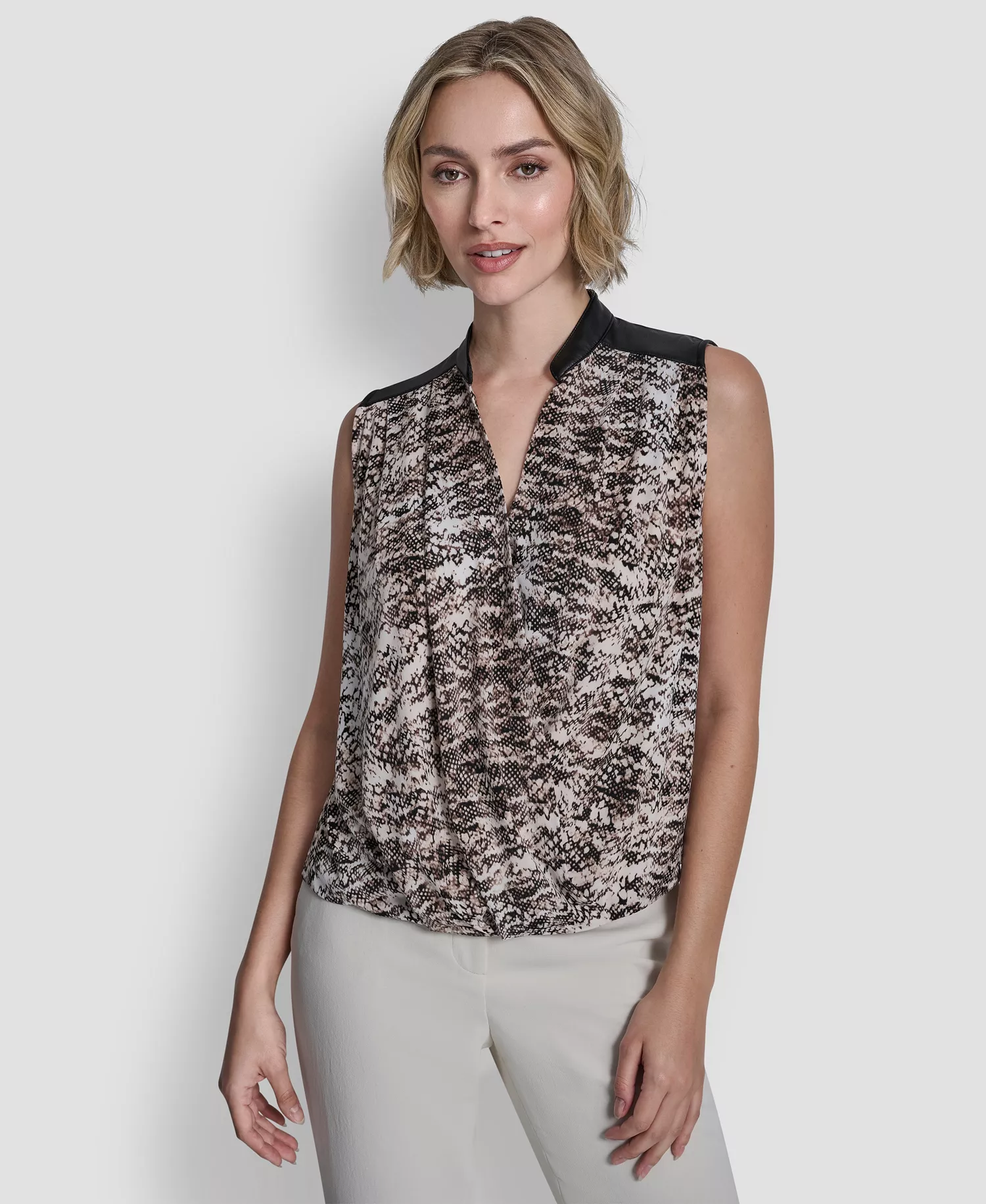 Women's V-Neck Cross Over Top - Travertine/ecru Multi - L