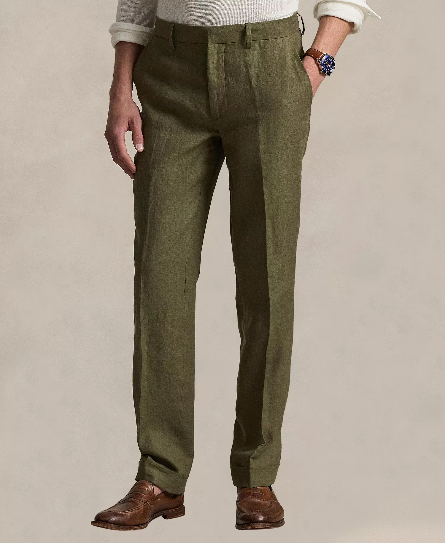 Men's Linen Suit Trousers - Basic Olive - 30 - 30