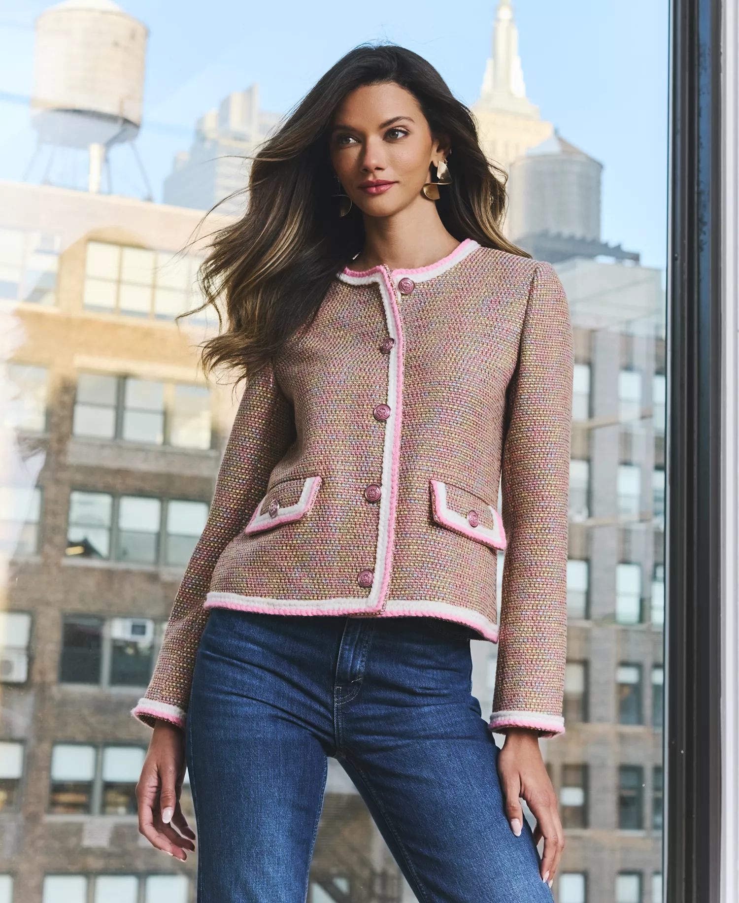 Women's Braided-Trim Crewneck Jacket - Pink Multi Tweed - L