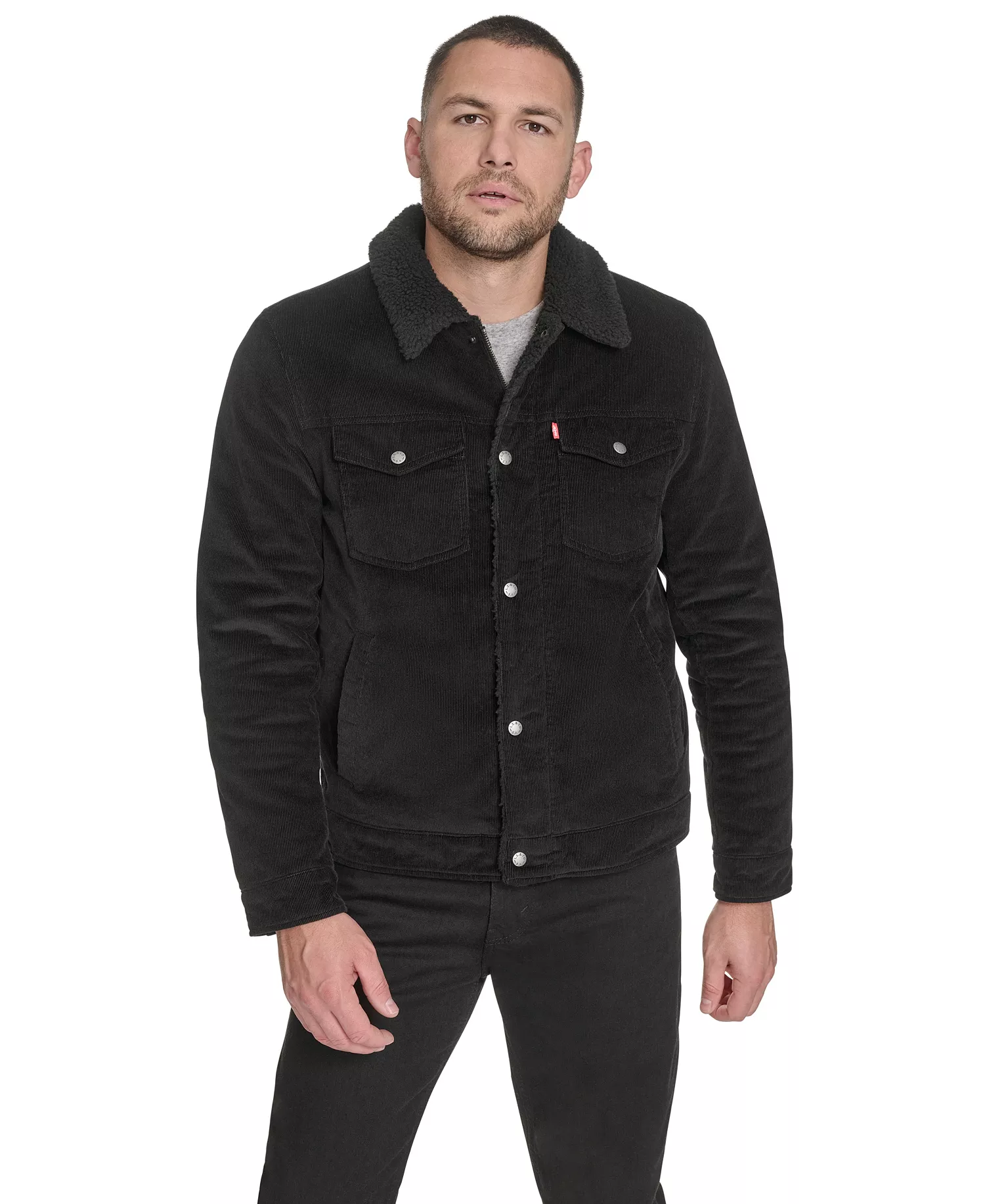 Men's Corduroy Trucker with Sherpa Collar Jacket - Black - L