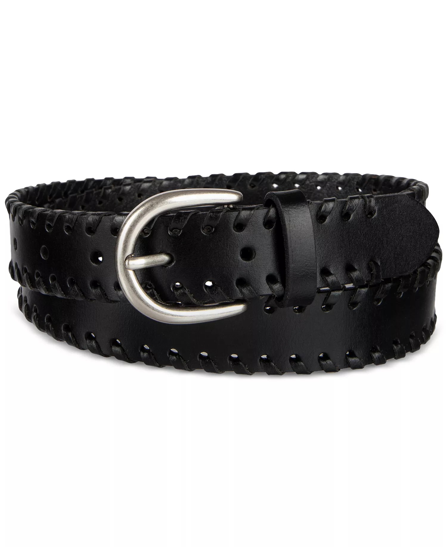Laced-Edge Casual Leather Belt - Black - L