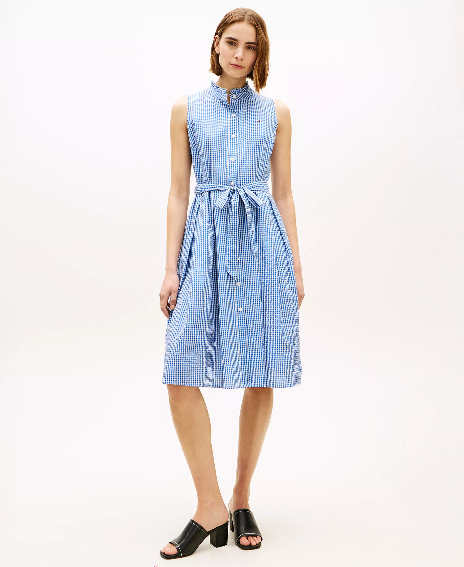 Women's Sleeveless Collared Frill Dress - Blue - L
