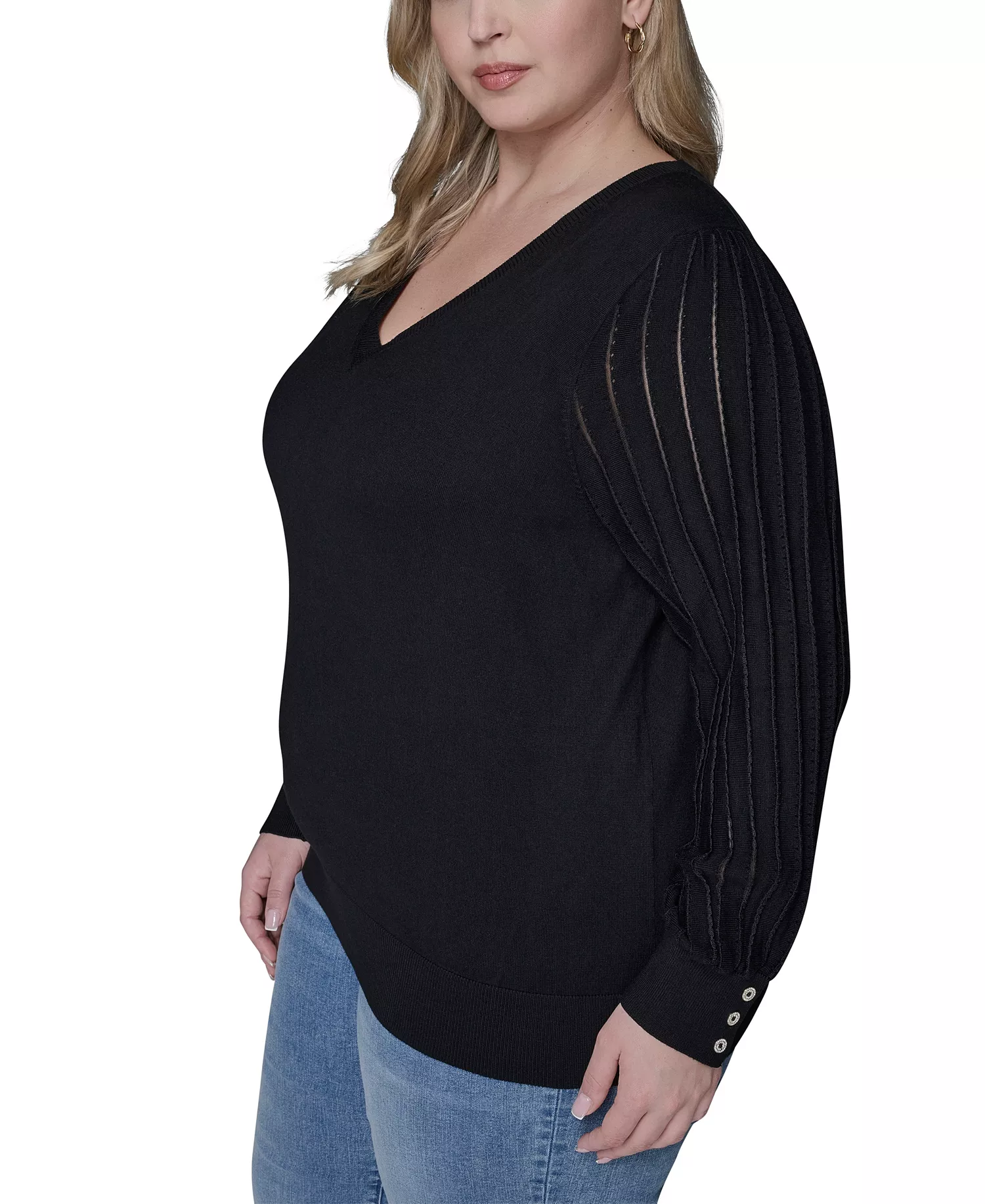 Women's Plus Size V-Neck Long-Sleeve Sweater - Black - 0X