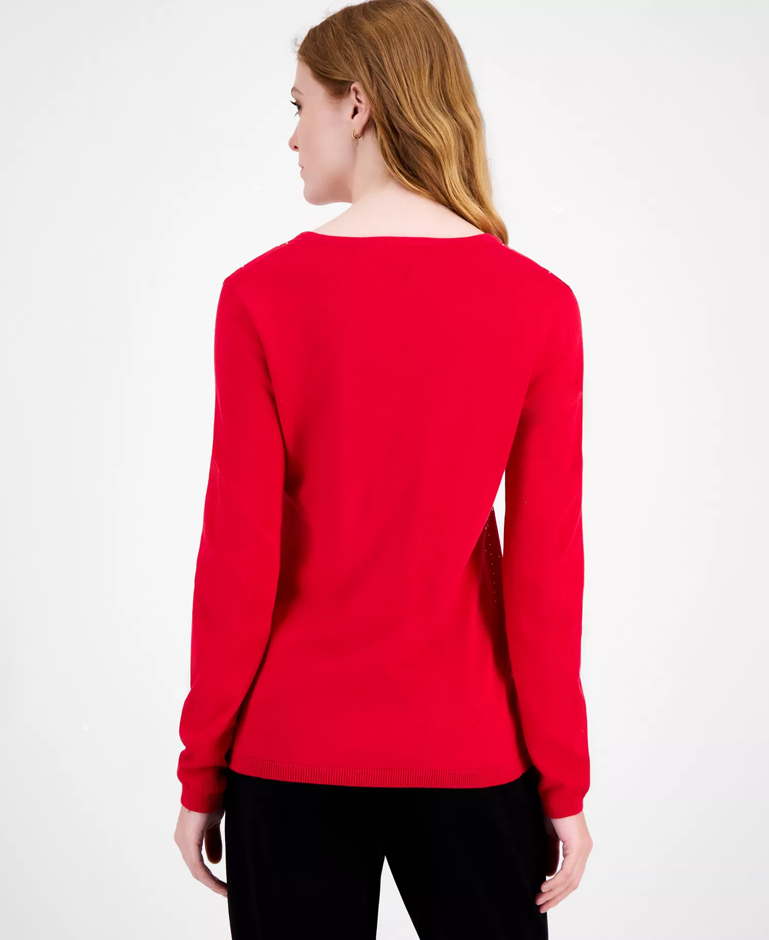 Women's Studded Argyle Cotton V-Neck Sweater - Scarlet - XS