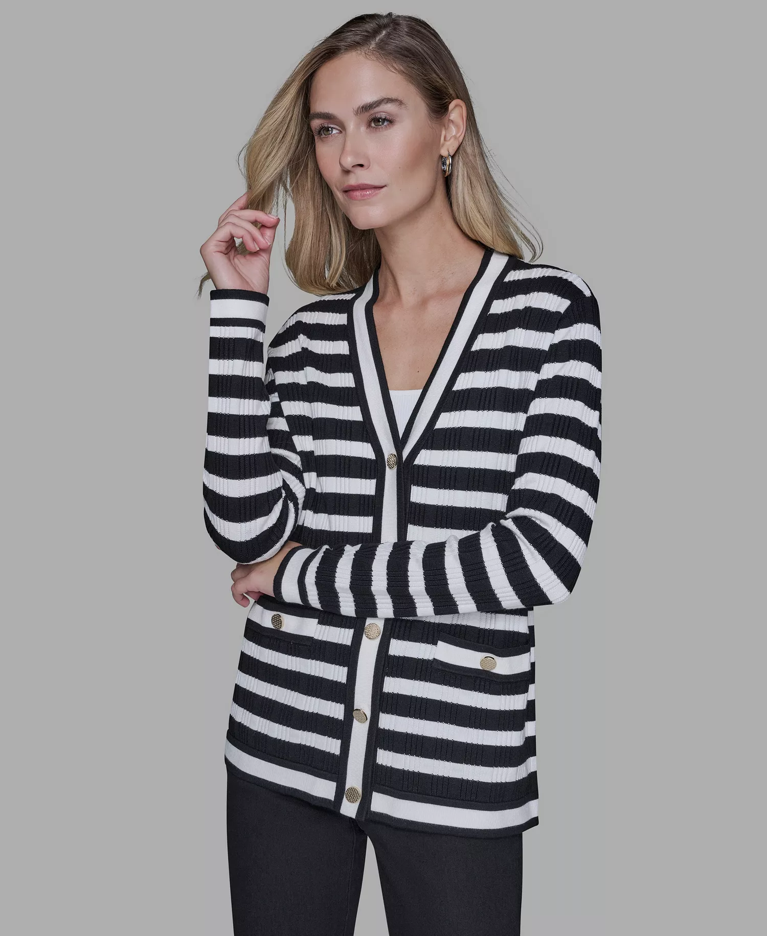 Petite Striped Long-Sleeve Cardigan Sweater - Black/Soft White - P/L
