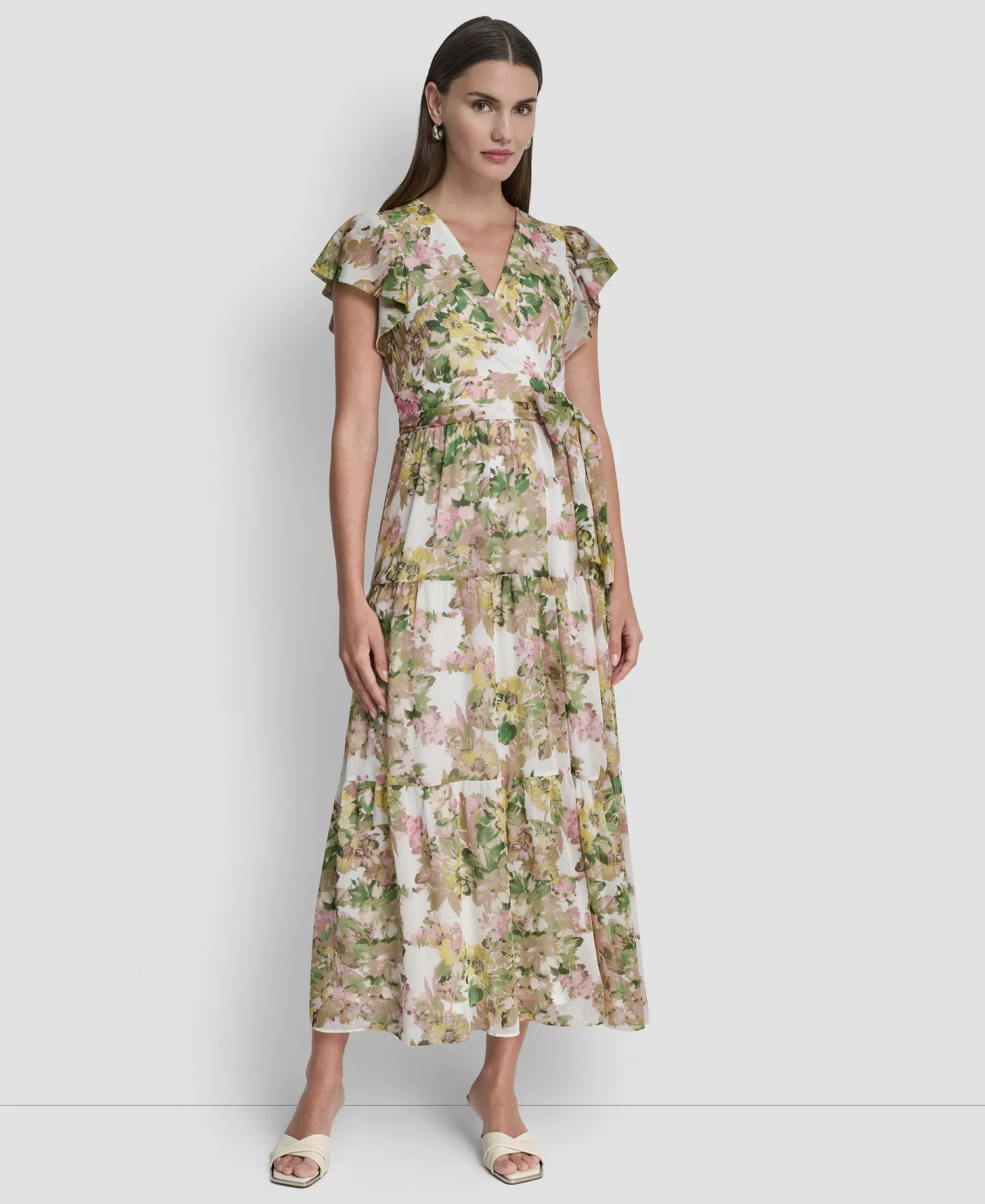 Women's V-Neck Tiered Long Dress - Ivory Multi - 10