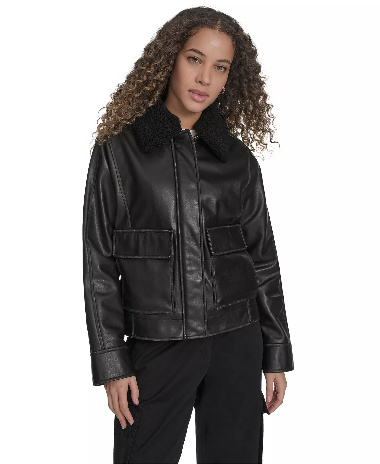 Women's Removable Collar Aviator Jacket - Black - L