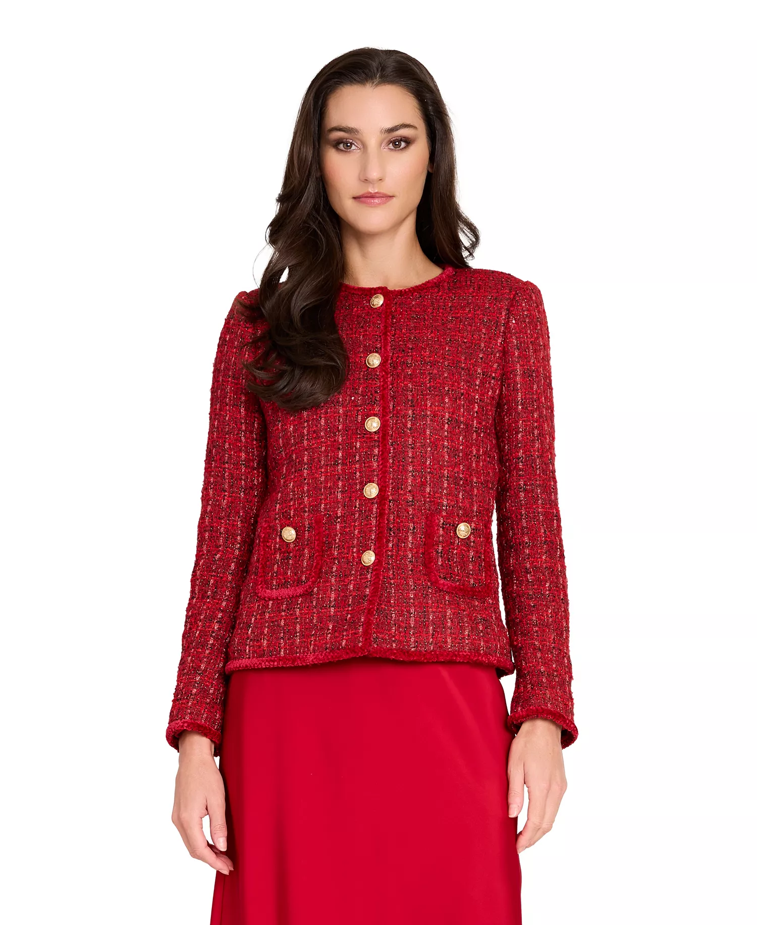 Petite Long-Sleeve Boucle Jacket - Red Multi - 10P