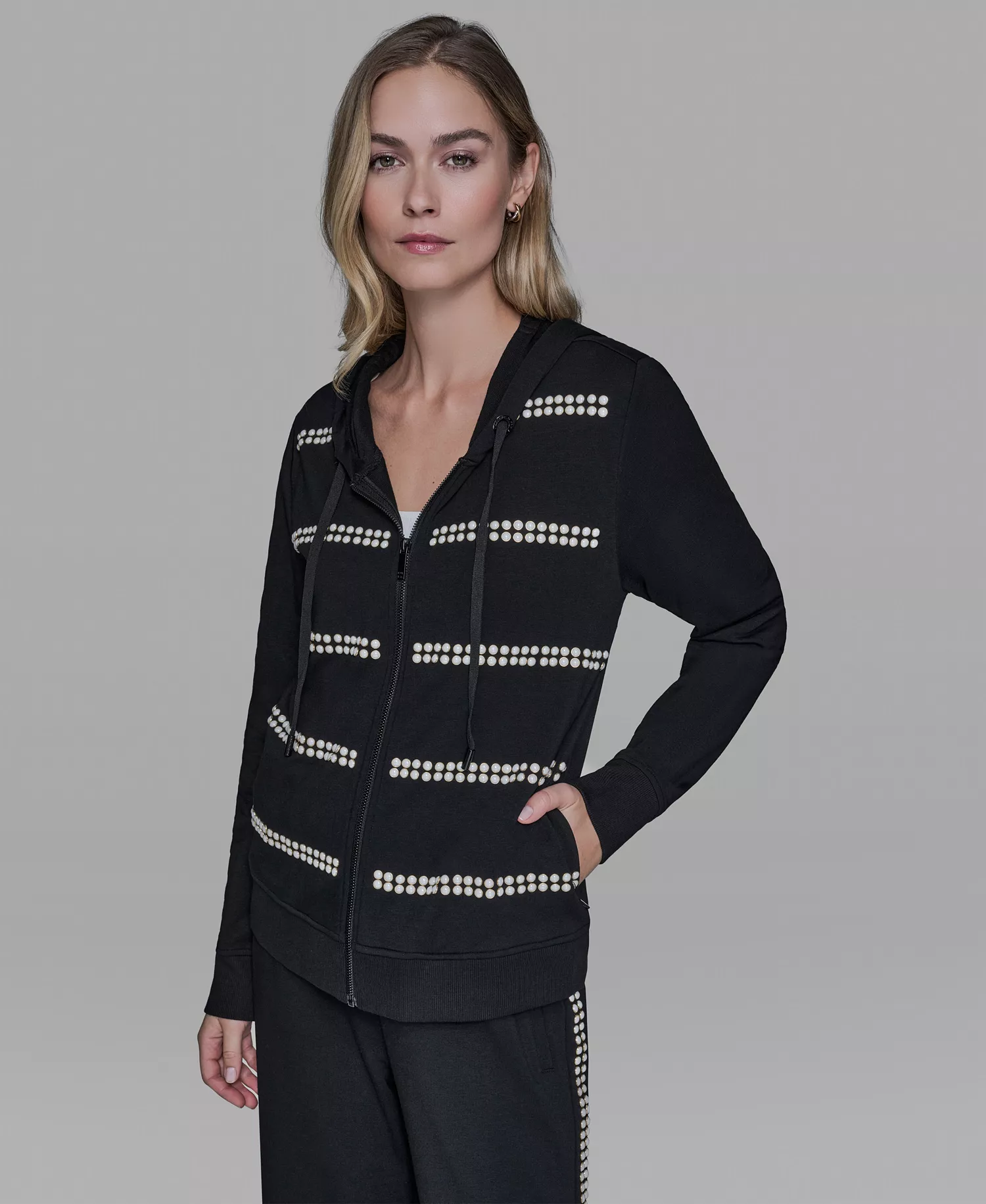 Women's Pearl Front Zipper Tracksuit Jacket - Black - L