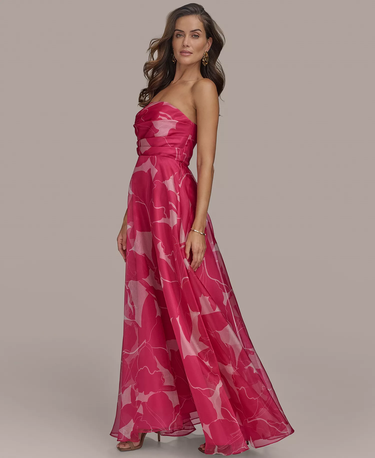 Women's Printed Strapless Ball Gown - Hot Fuchsia/Ivory - 10