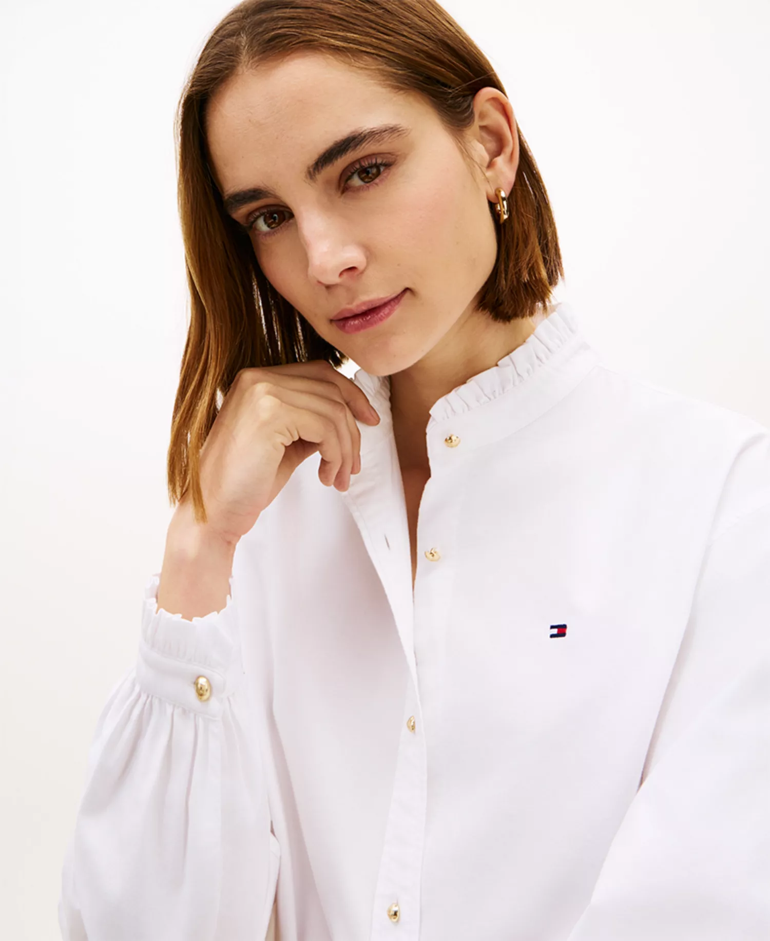 Women's Cropped Ruffled Oxford Collared Shirt - Optic White - 34
