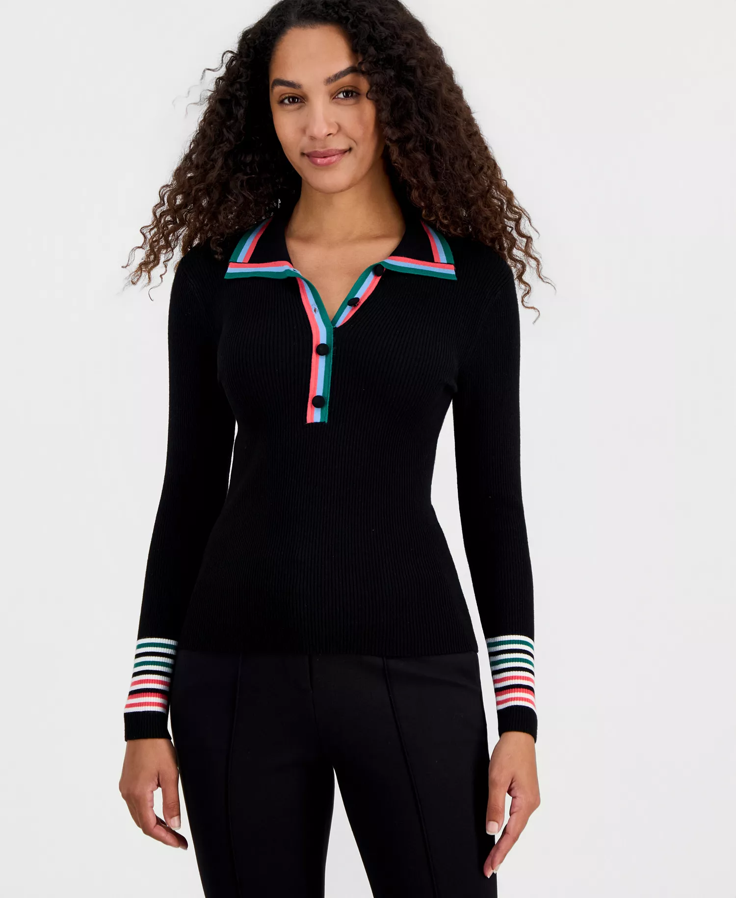 Women's Striped-Trim Collared Button Top - Black - M