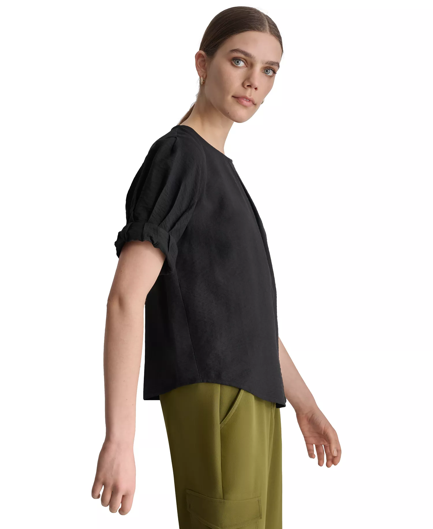 Women's Puff-Sleeve Pleated Blouse - Black - XS